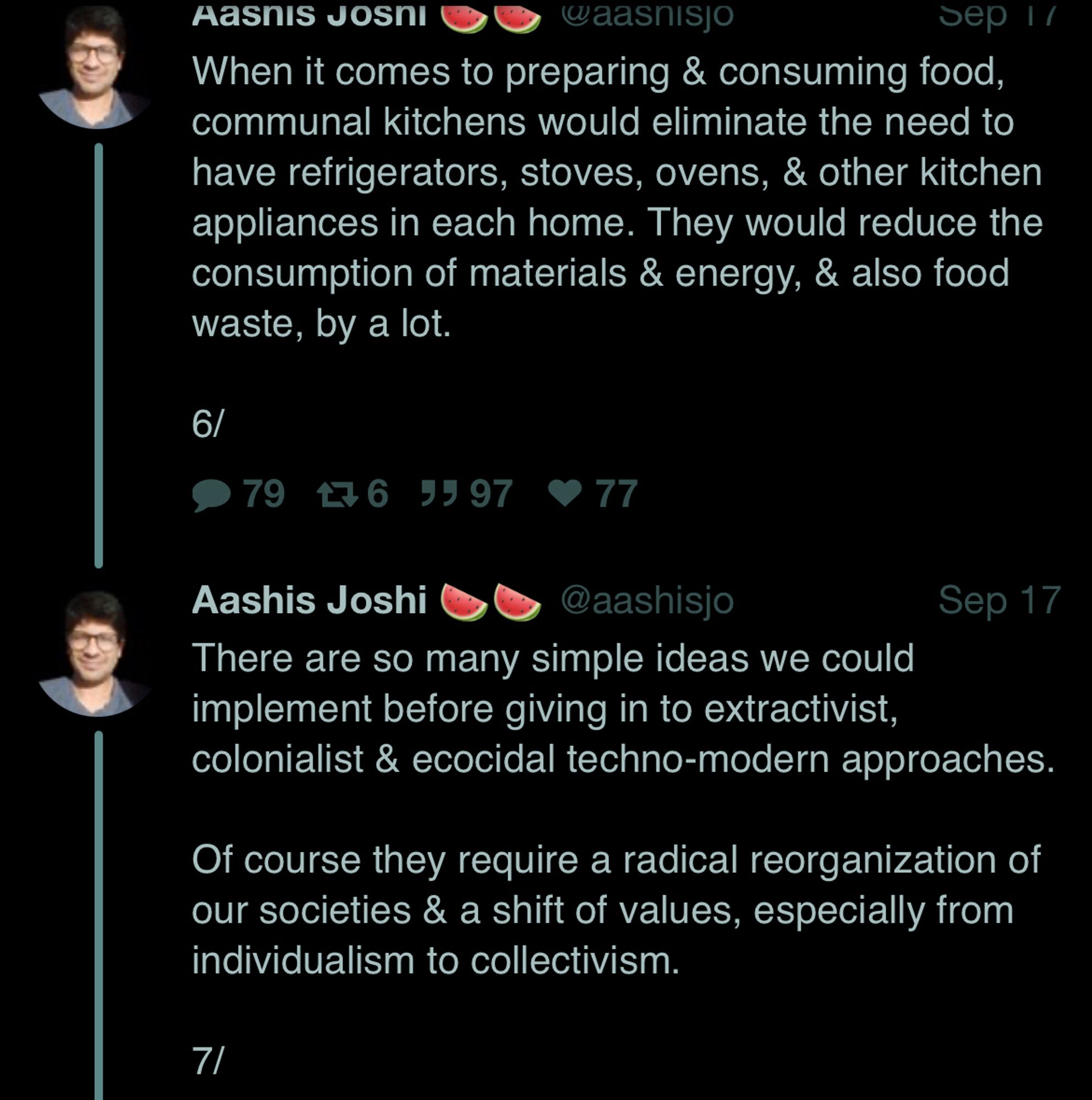 When it comes to preparing & consuming food, communal kitchens would eliminate the need to have refrigerators, stoves, ovens, & other kitchen appliances in each home. They would reduce the consumption of materials & energy, & also food waste, by a lot.
6/

There are so many simple ideas we could implement before giving in to extractivist, colonialist & ecocidal techno-modern approaches.
Of course they require a radical reorganization of our societies & a shift of values, especially from individualism to collectivism.
71