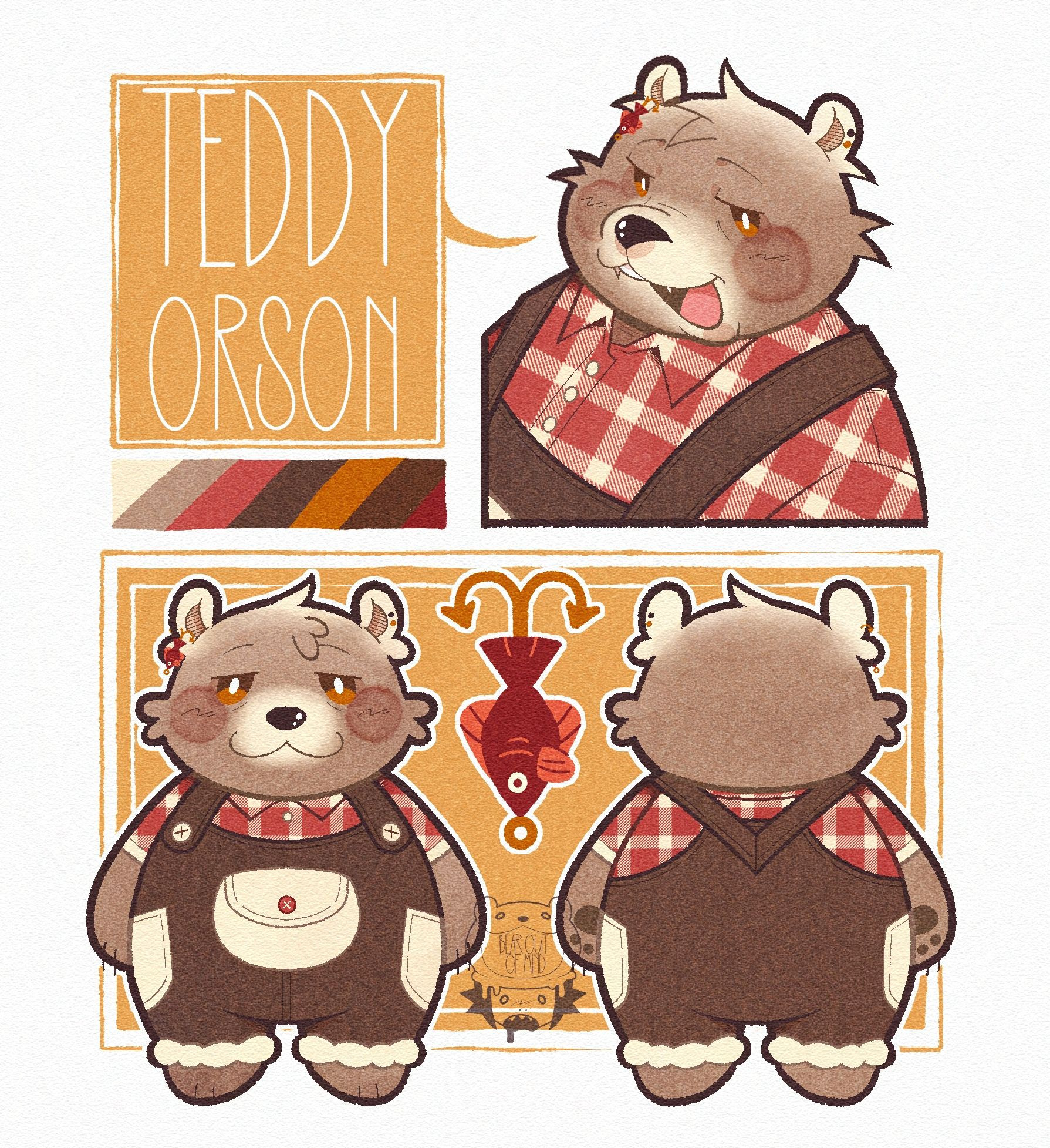 Character sheet of my OC, Teddy. On the top left are his name, "Teddy Orson", and color scheme. On the top right is a headshot illustration of him. On the bottom are front and back facing chibis of him and a close up of his earing.