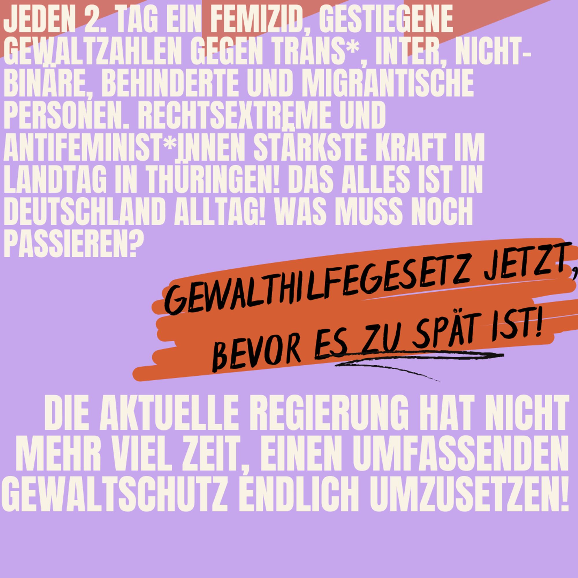 Jeden 2.Tag ein Feminizid, gestiegene Gewaltzahlen gegen trans*, inter, nicht-binäre, behinderte und migrantische Personen. Rechtsextreme und antifeminist*innen stärkste Kraft im Landtag in Thüringen! Das alles ist in Deutschland Alltag! Was muss noch passieren? Gewalthilfegesetz jetzt, bevor es zu spät ist! Die aktuelle Regierung hat nicht mehr viel Zeit, einen umfassenden Gewaltschutz endlich umzusetzen!