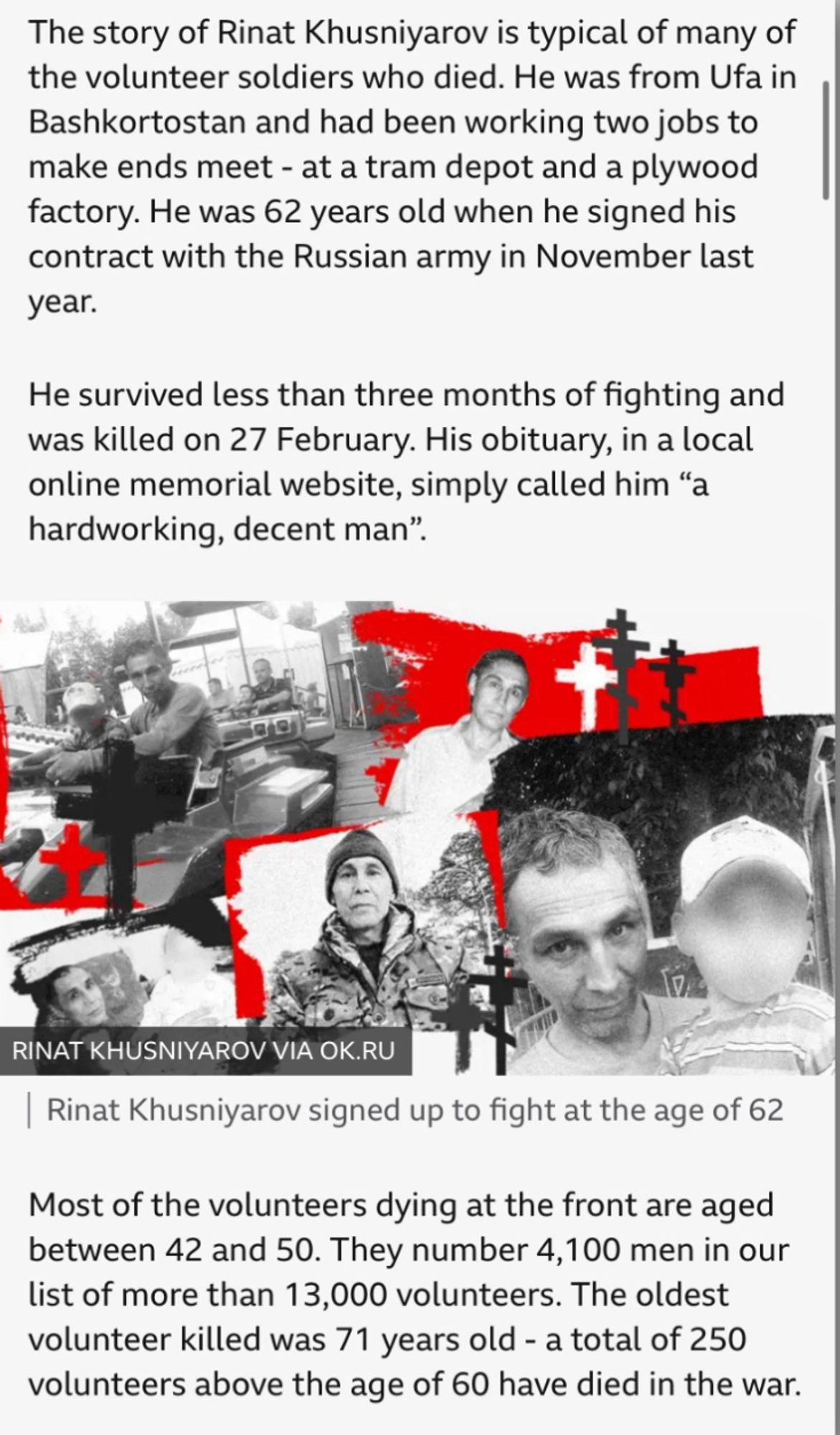 Article about Russian Army volunteers in their 60s and 70s being killed in the war on Ukraine.