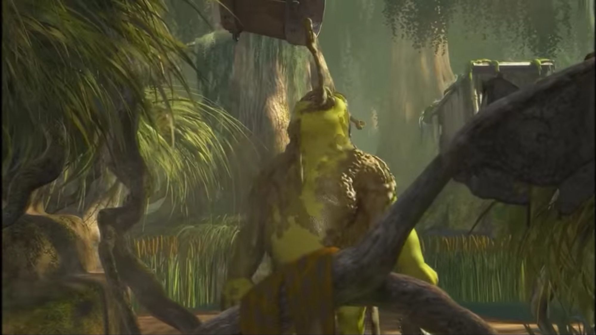 Shrek taking a mud shower and gargling mud