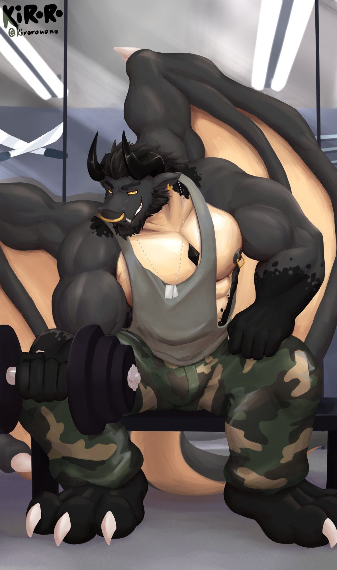 A grey and yellow dragon in a grey tank top and camo pants whilst being barefoot, having a smirk whilst doing dumbell curls.