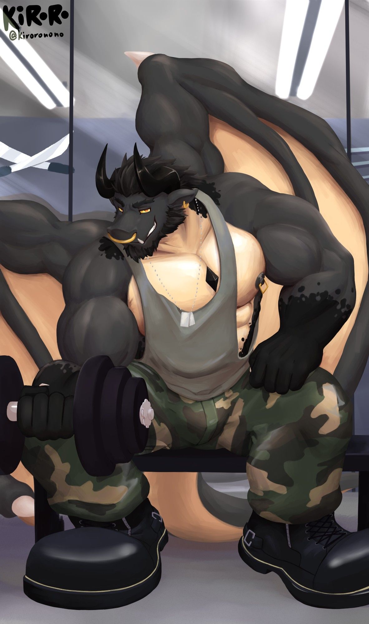 A grey and yellow dragon in a grey tank top and camo pants whilst wearing combat, having a smirk whilst doing dumbell curls.