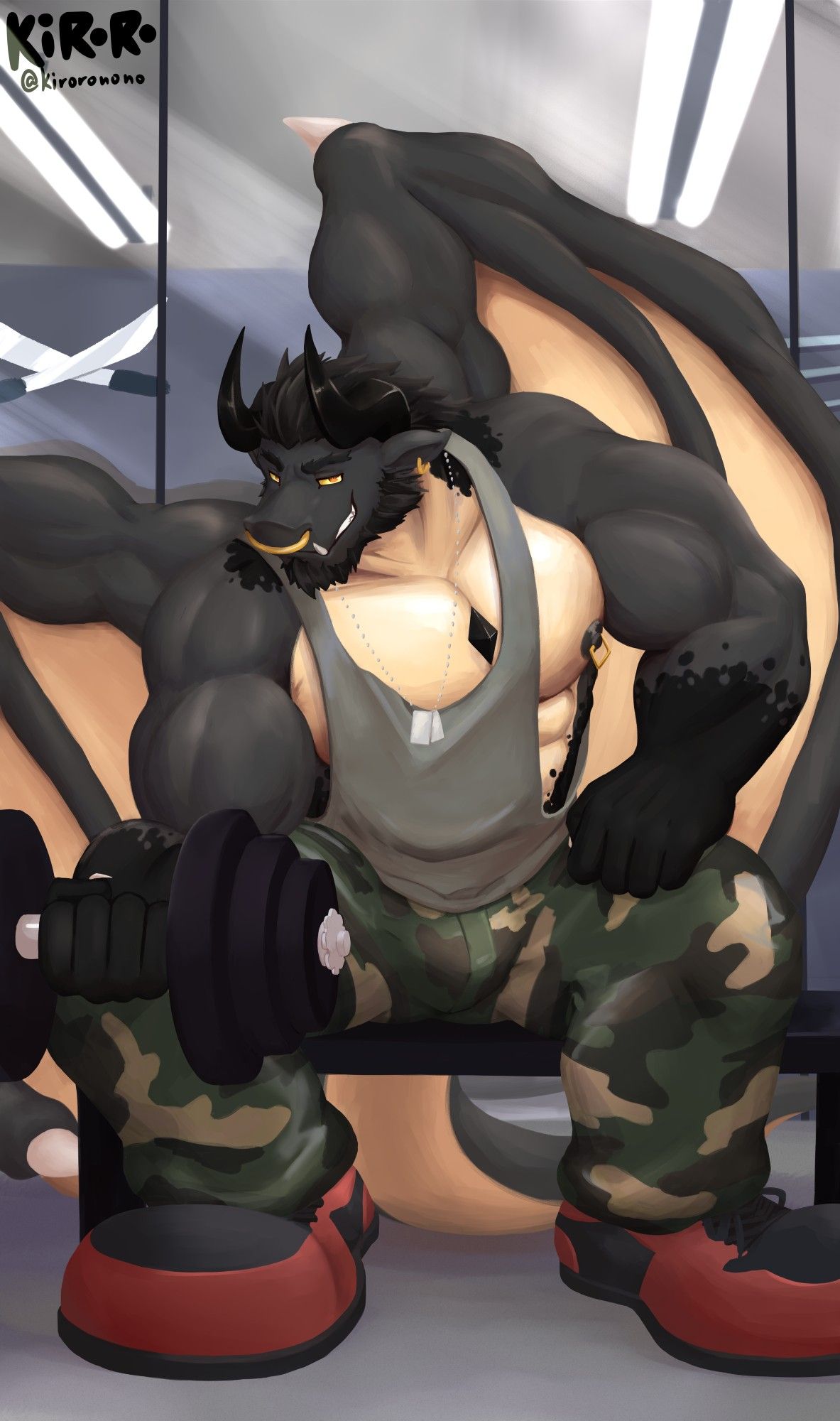 A grey and yellow dragon in a grey tank top and camo pants whilst wearing red and grey sneakers, having a smirk whilst doing dumbell curls.