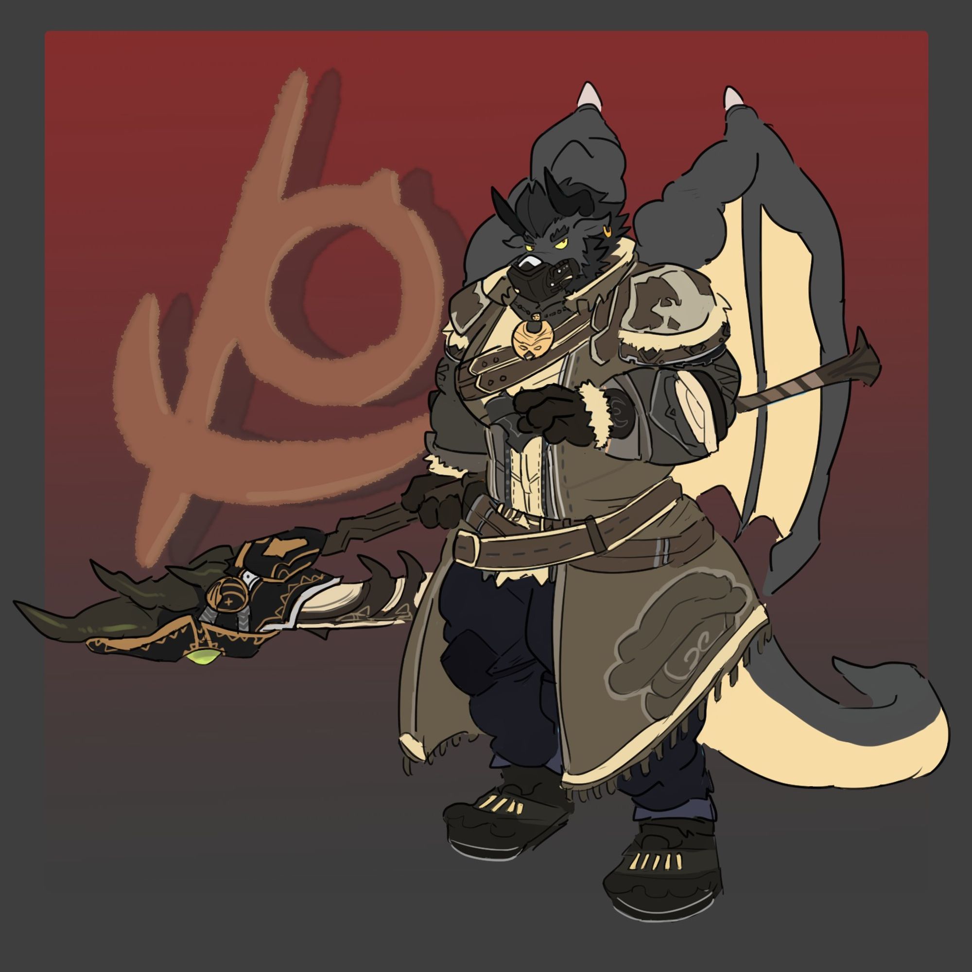 A big and burly bulldragon wearing a brown trenchcoat with some gauntlets, alongside some black armored pants and armored boots and also holding a giant scythe.