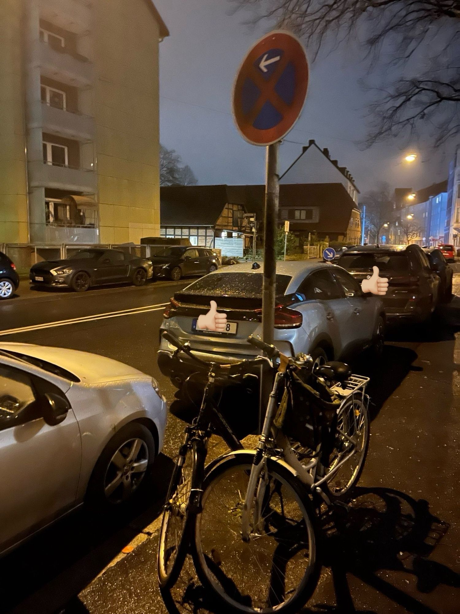 Ein Halteverbotsschild verweist auf einen Bereich vom Fotografen weg. In dem Bereich wurden drei PKW geparkt (teilweise sogar halbseitig auf dem Gehweg)