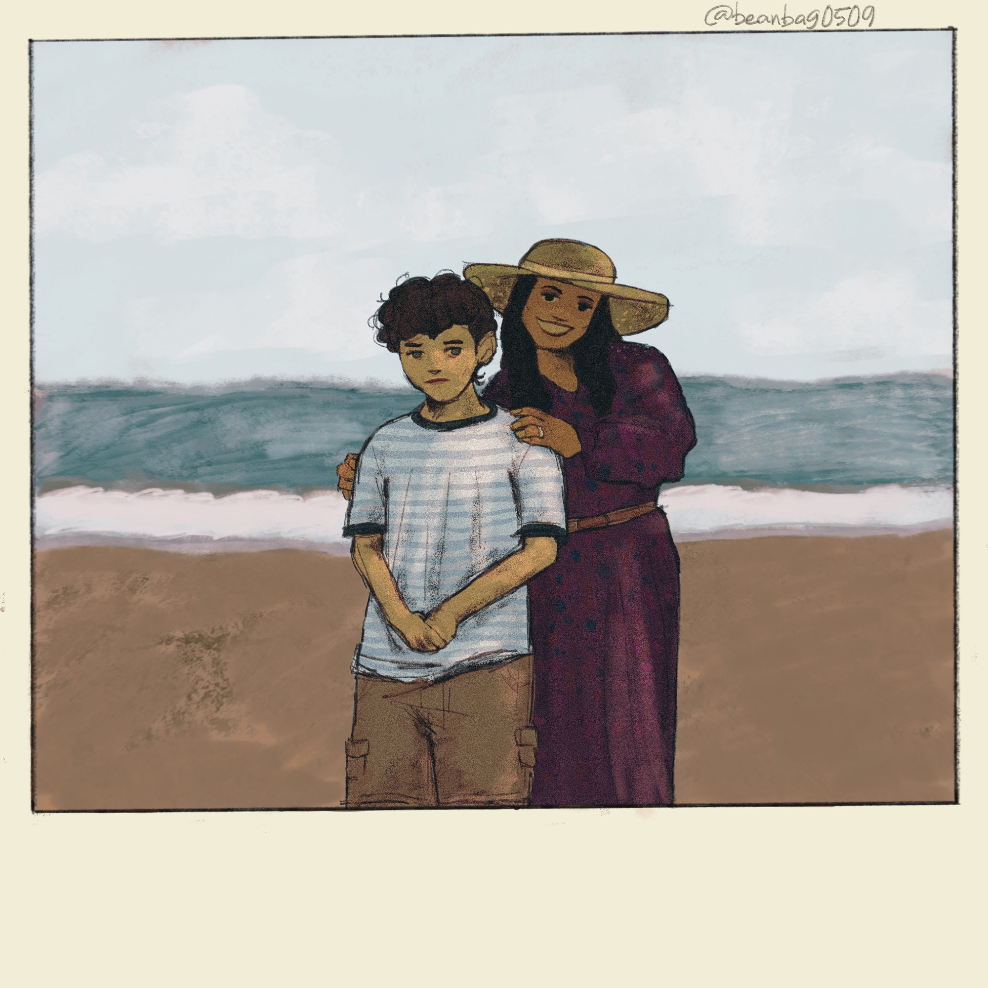 drawn polaroid of elliot and his mother on the beach