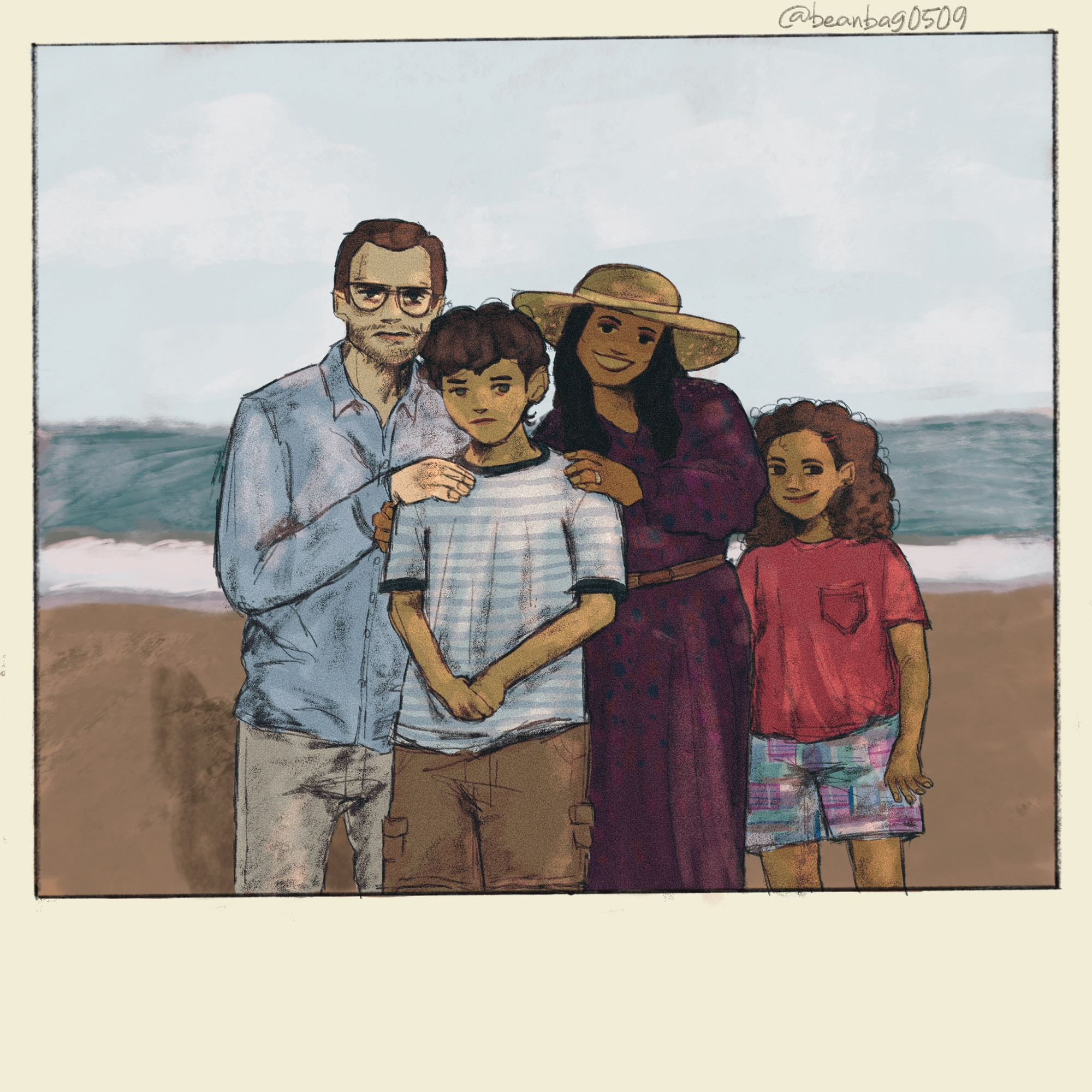 drawn polaroid of elliot, his mother, his father, and darlene on the beach