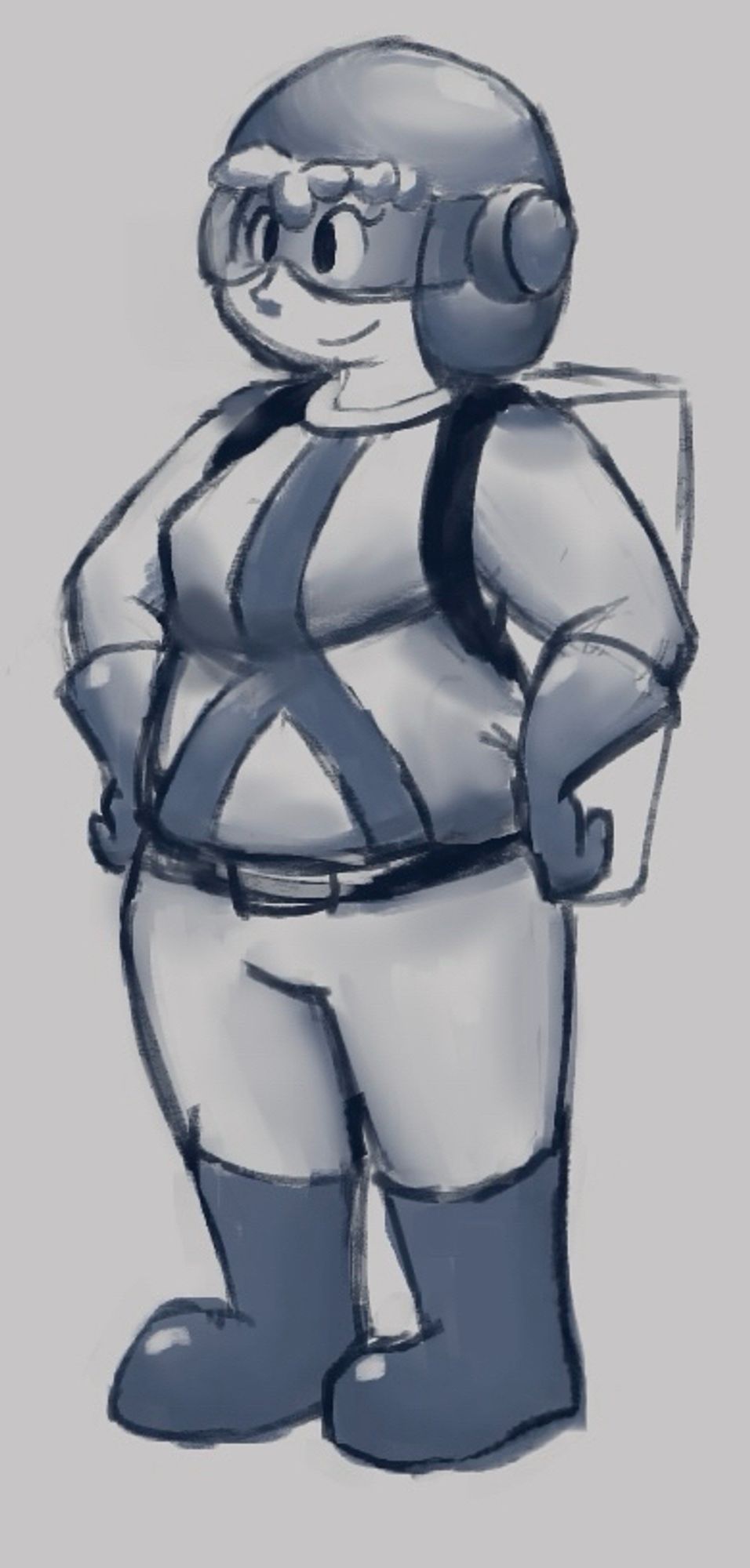 A black and white digital drawing of a woman wearing a jumpsuit, helmet, and backpack.