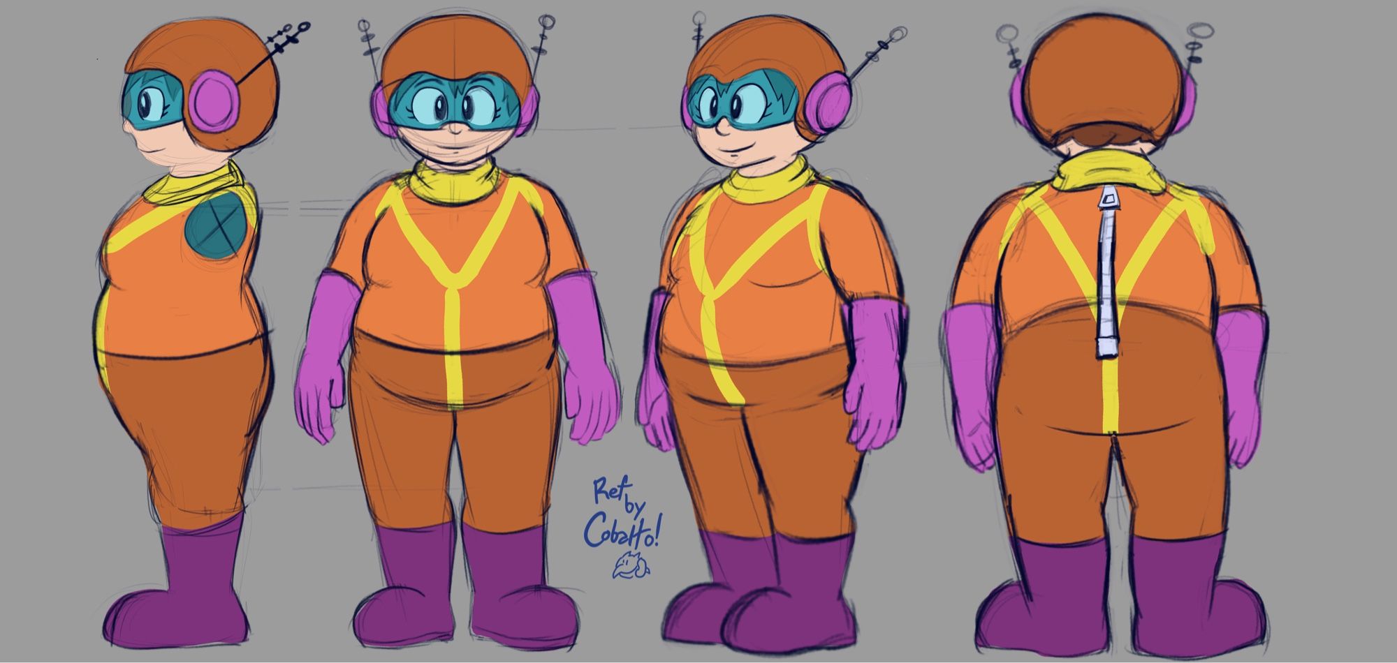 The same lady as in the previous turnaround, except her jumpsuit is orange with yellow stripes, the boots are dark pink, the gloves are slightly lighter pink, and the helmet is orange. Once again, the watermark says “Ref by Cobalto!”