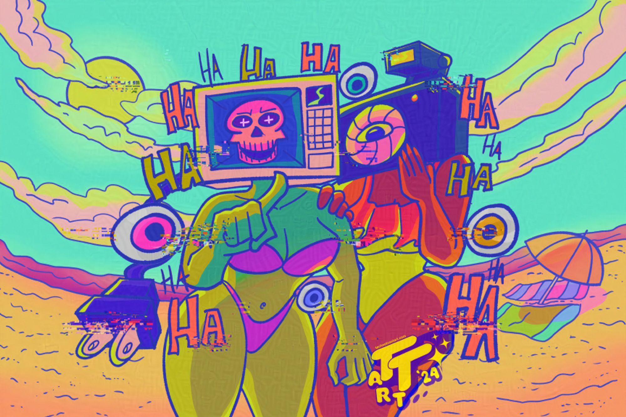 The design for the Secret Menu print that's available for this month. It features 2 of my OCs; M-GIRL-- who is a radioactive green woman with a microwave for a head (complete with a giant plug). In her microwave there contains a bright pink skull inside. And Aperture Girl -- A dark skinned woman with a camera for a head and eyeballs floating around her. The two women are in their swimsuits laughing and pointing at the viewer as they stand on a sunny day at the beach. They're surrounded by floating eyeballs and computer glitches.