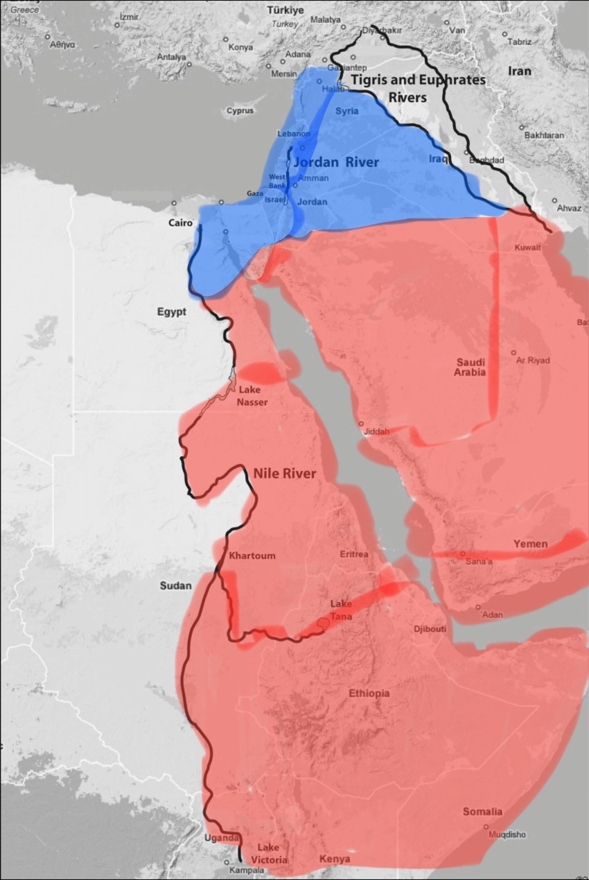 map highlighting the area between the Nile and Euphrates. it's most of the middle east and a big chunk of africa