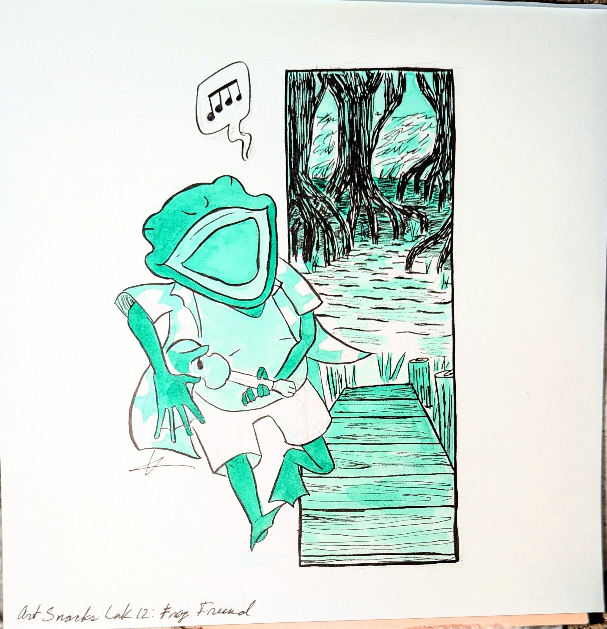 Green ink wash drawing of a frog wearing an aloha shirt over a light green tee and loose white shirts

He's got his eyes closed and his mouth wide open as he sings and plays a ukulele. 

There is a vertical box background showing a dock into a river/swamp and a mangrove forest. There's a grassy coast behind the trees. 

This is a different frog from the Grumpy Frog but they look similar aside from their expressions 