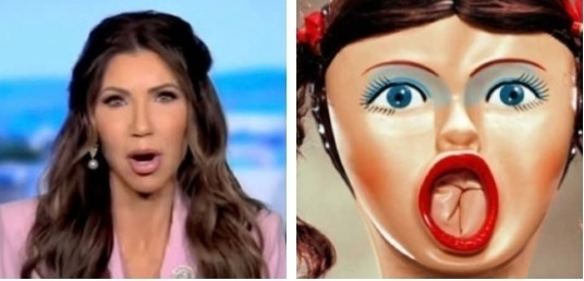 Picture of Kristi Noem beside a look at like inflatable sex doll.  Both with gaping open mouthed expressions on their faces. 