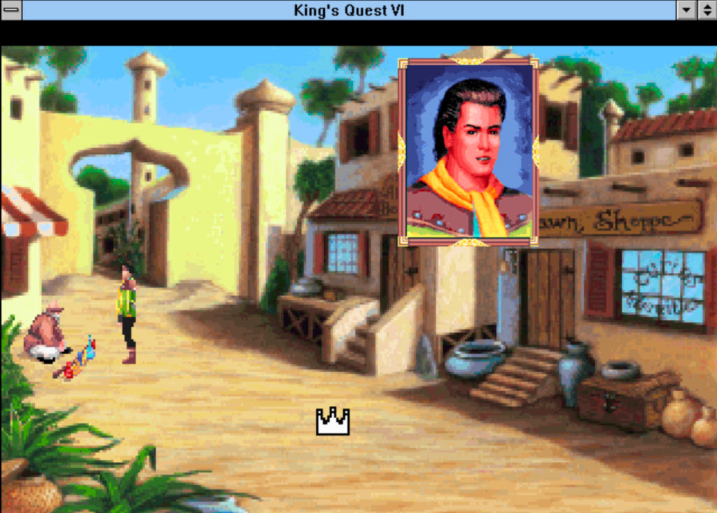 A screenshot from the game King’s Quest Six. Prince Alexander stands in a desert marketplace, facing a seated old man who is trying to trade him a lamp. An inset of Prince Alexander’s face has popped up to share an internal monologue.