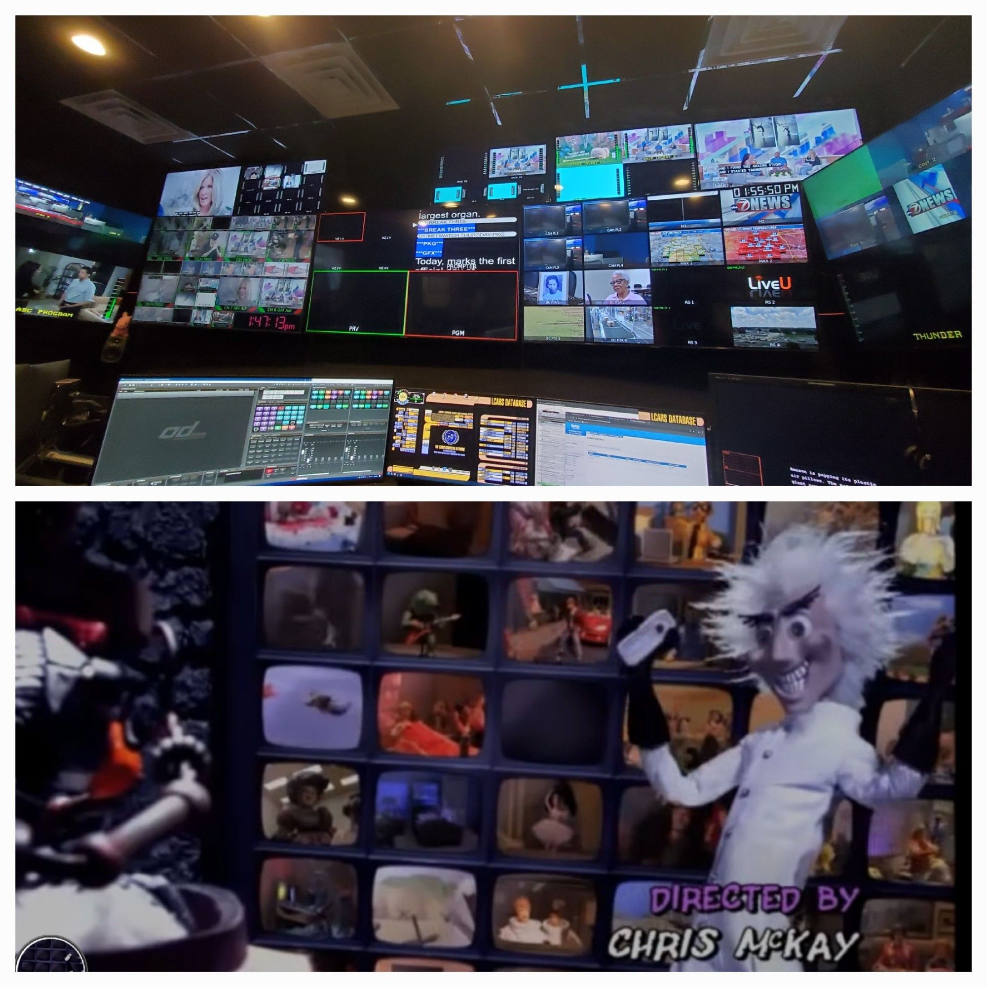 Top image shows inside naster control room at a broadcast tv station, bottom image is screenshot from Robot Chicken monitor wall in the mad scientists lab.