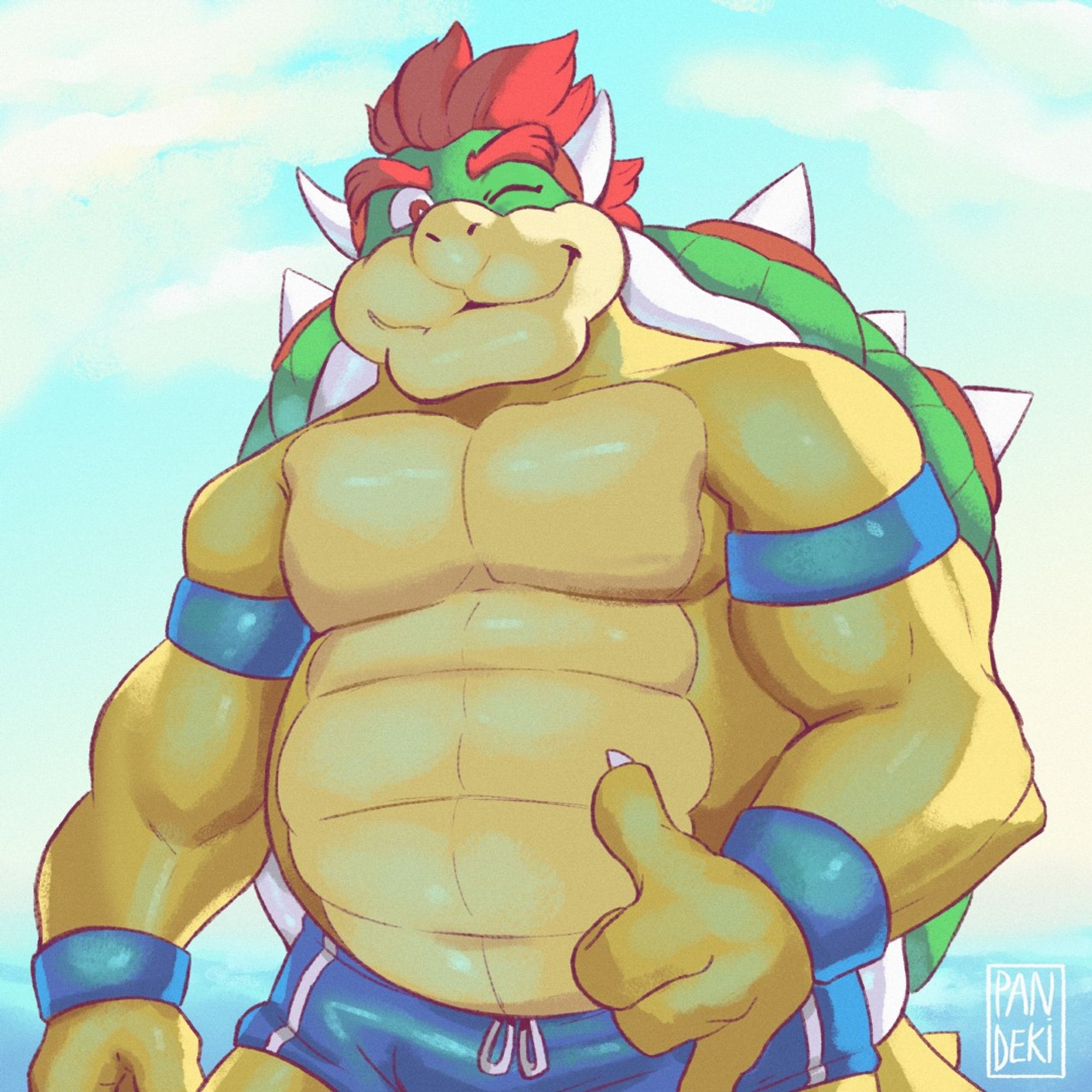 Personagem Bowser, do jogo Super Mario Bros. Uma tartaruga grande e forte, com espinhos no casco. Na imagem, está usando sunga azul. Ao fundo vemos uma praia com céu azulado e a água da praia, igualmente azulada