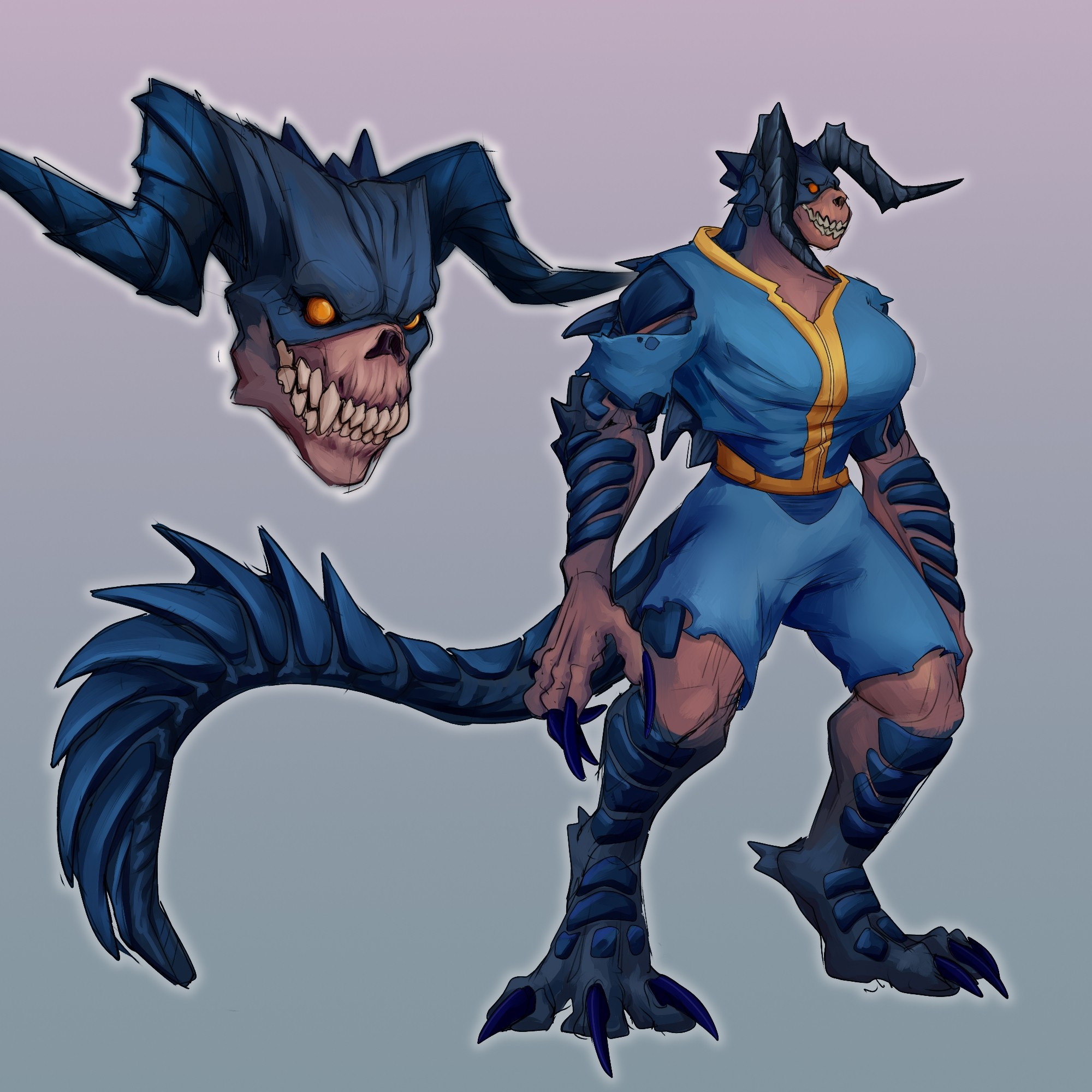 Character sheet of a Fallout 4 styled Deathclaw with blue scales and outstretched facing horns. Torn at the arms and legs is a tattered Vault Suit, revealing disturbing implications of this creatures origins.