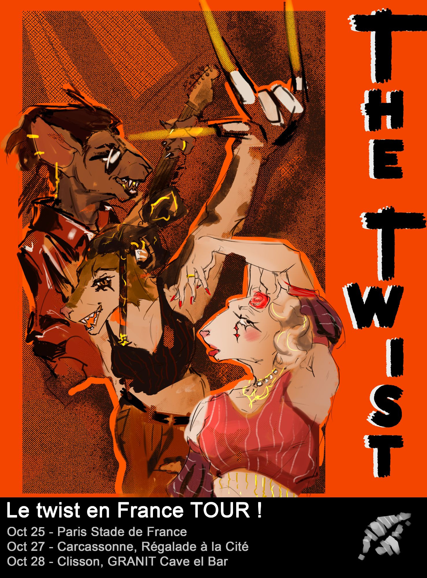 An orange poster featuring 3 anthropomorphic characters. From top left going down: Jacklyn the brown Oriental cat with a guitar, Charlotte the opossum, and Lucienne a Cornish Rex

 "THE TWIST" in big black letters goes vertically down the right side of the poster. Across the bottom of the poster is itinerary for a band tour in France