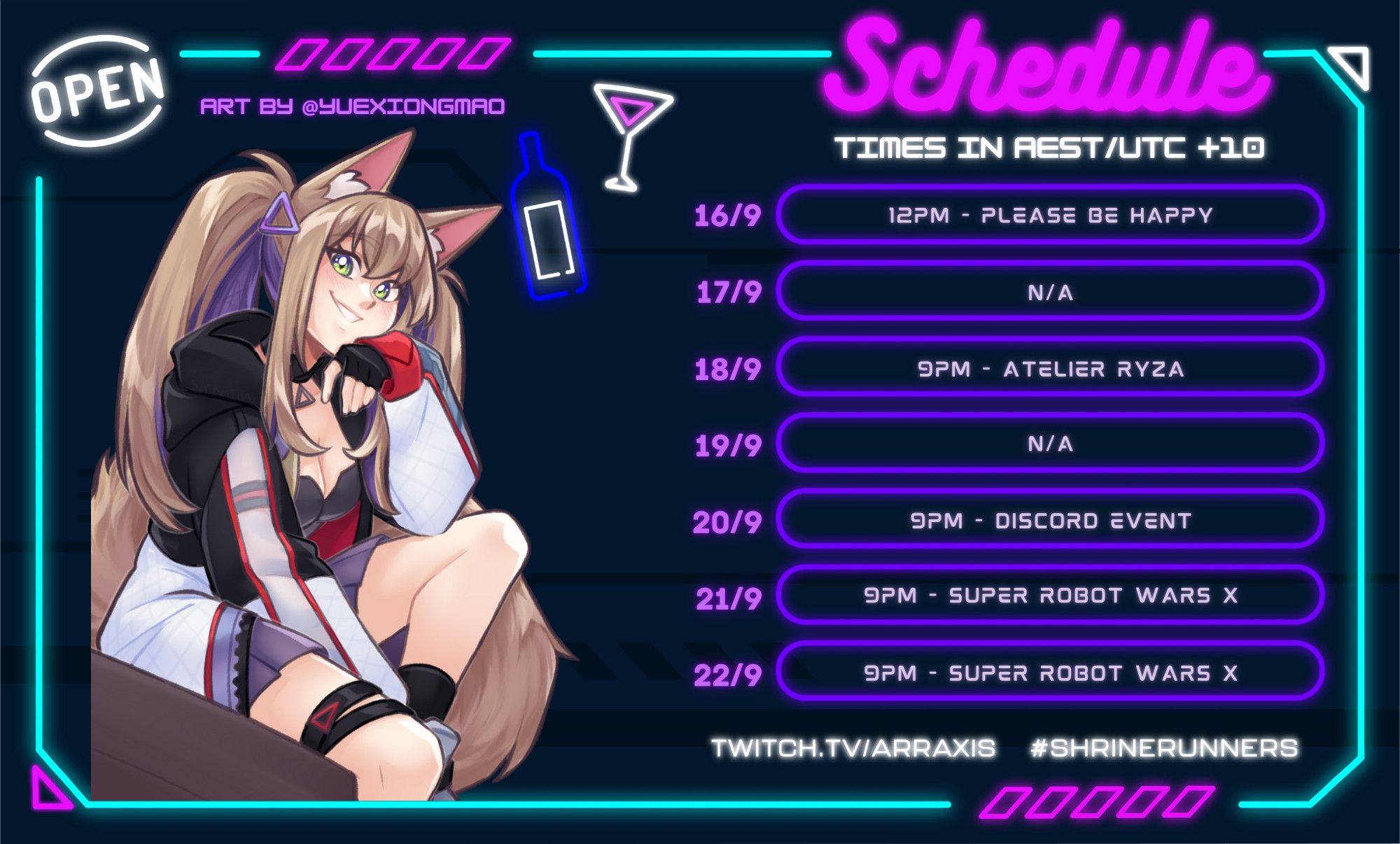 Schedule of the week! All times are in AEST/UTC +10

Mon 16/9: 12PM - Please Be Happy
Tues 17/9: N/A
Wed 18/9: 9PM - Atelier Ryza
Thurs 19/9: N/A
Fri 20/9: 9PM - Discord Event
Sat 21/9: 9PM - Super Robot Wars X
Sun 22/9: 9PM - Super Robot Wars X