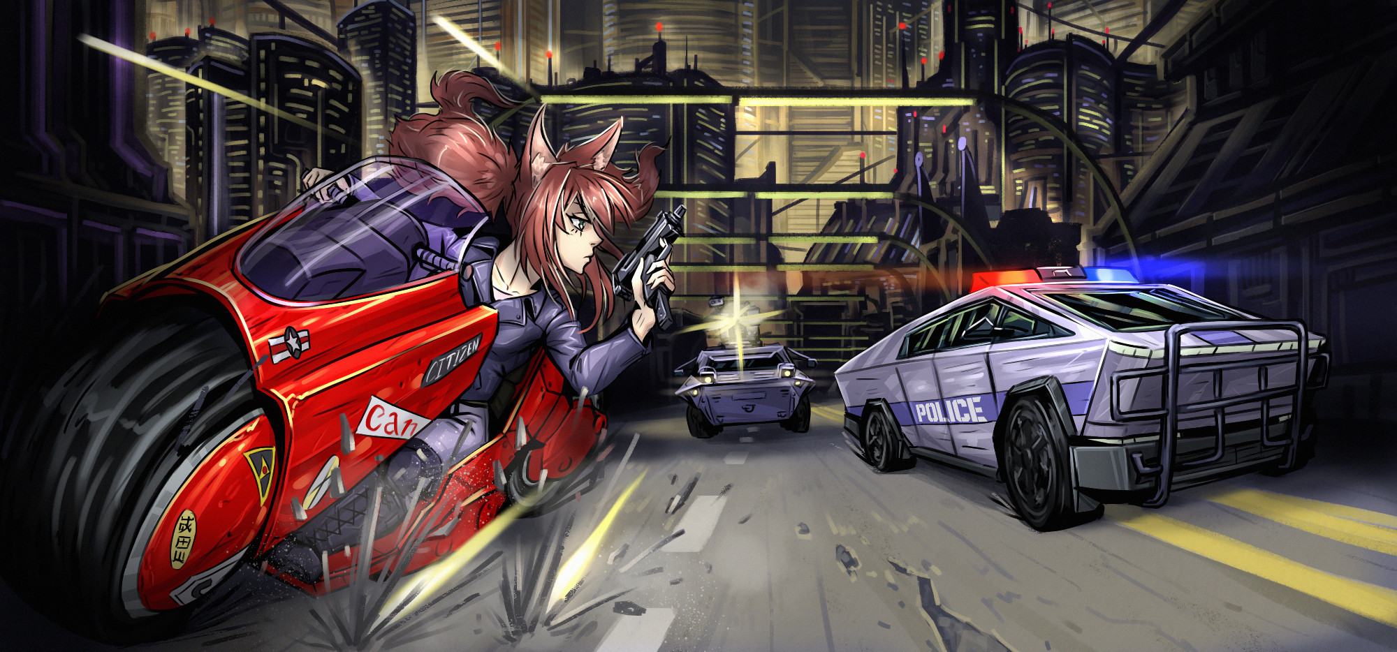 The foxgirl Arraxis is being pursued by the fuzz for the crime of fighting for human rights and opposing capitalism. They have no gender.