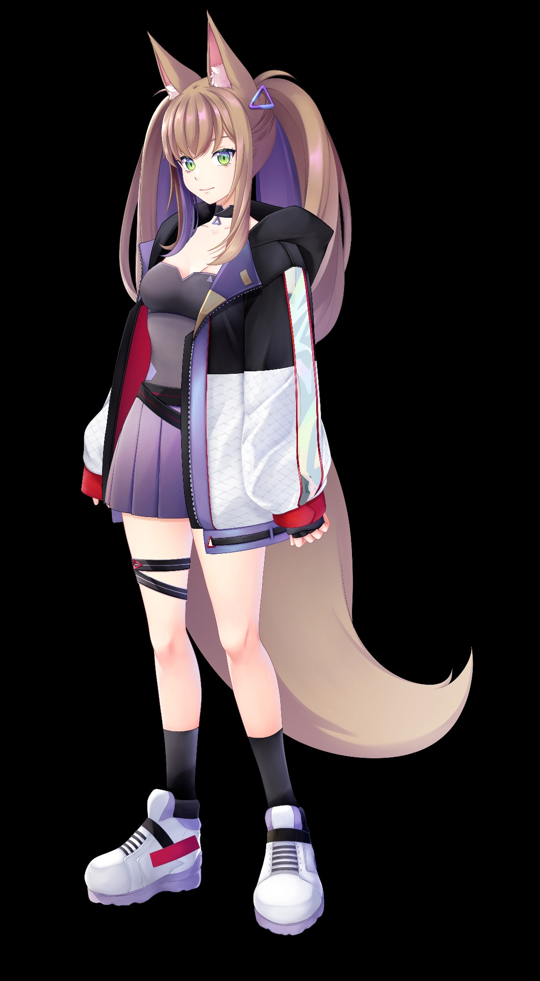 Arraxis Denacia is a foxgirl with a cyberpunk aesthetic, with brown and purple twintails, fox ears and tail.