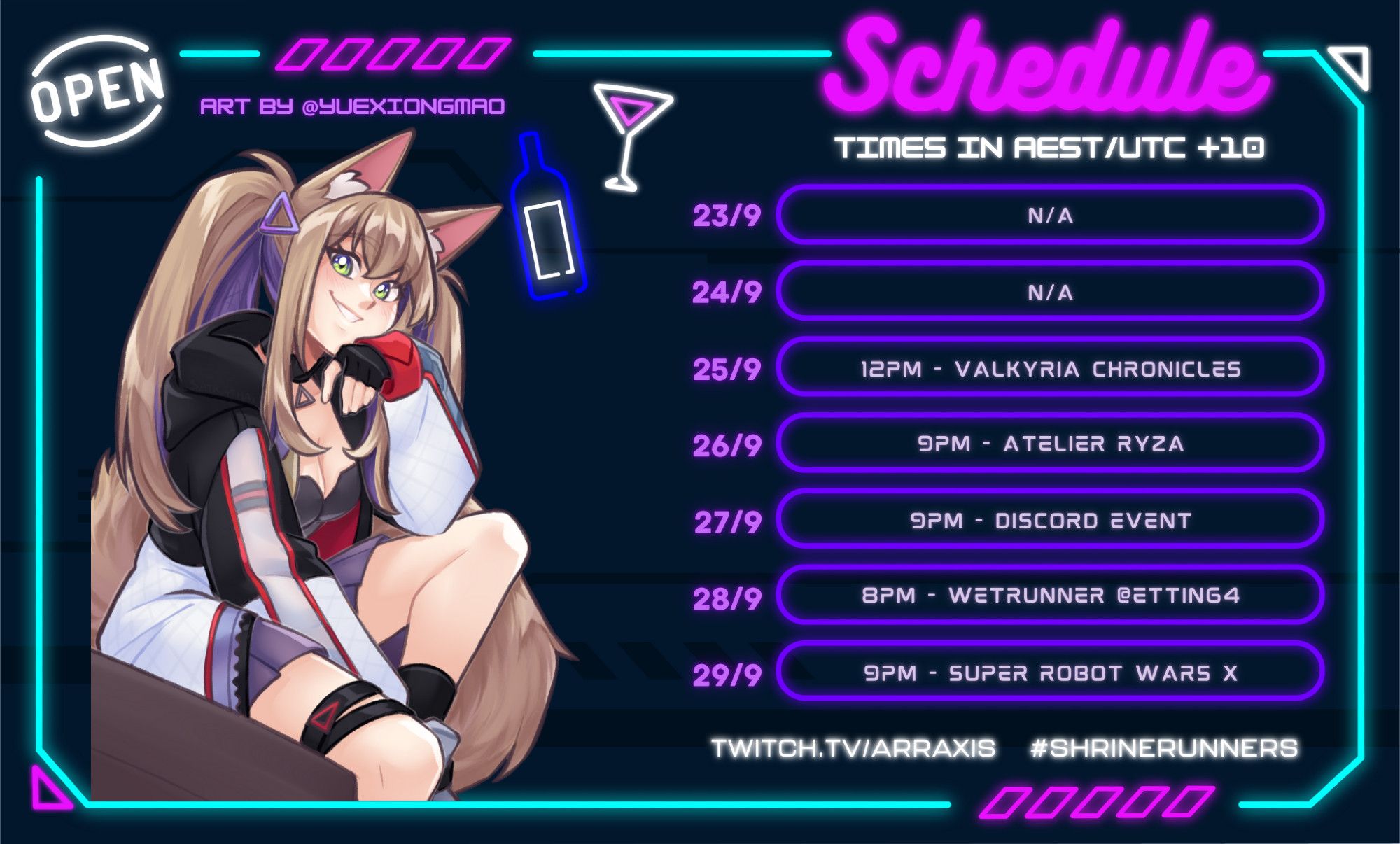 Schedule of the week! All times are in AEST/UTC +10

Mon 23/9: N/A
Tues 24/9: N/A
Wed 25/9: 12PM - Valkyria Chronicles
Thurs 26/9: 9PM - Atelier Ryza
Fri 27/9: 9PM - Discord Event
Sat 28/9: 8PM - Wetrunner on Ettin64's channel
Sun 29/9: 9PM - Super Robot Wars X