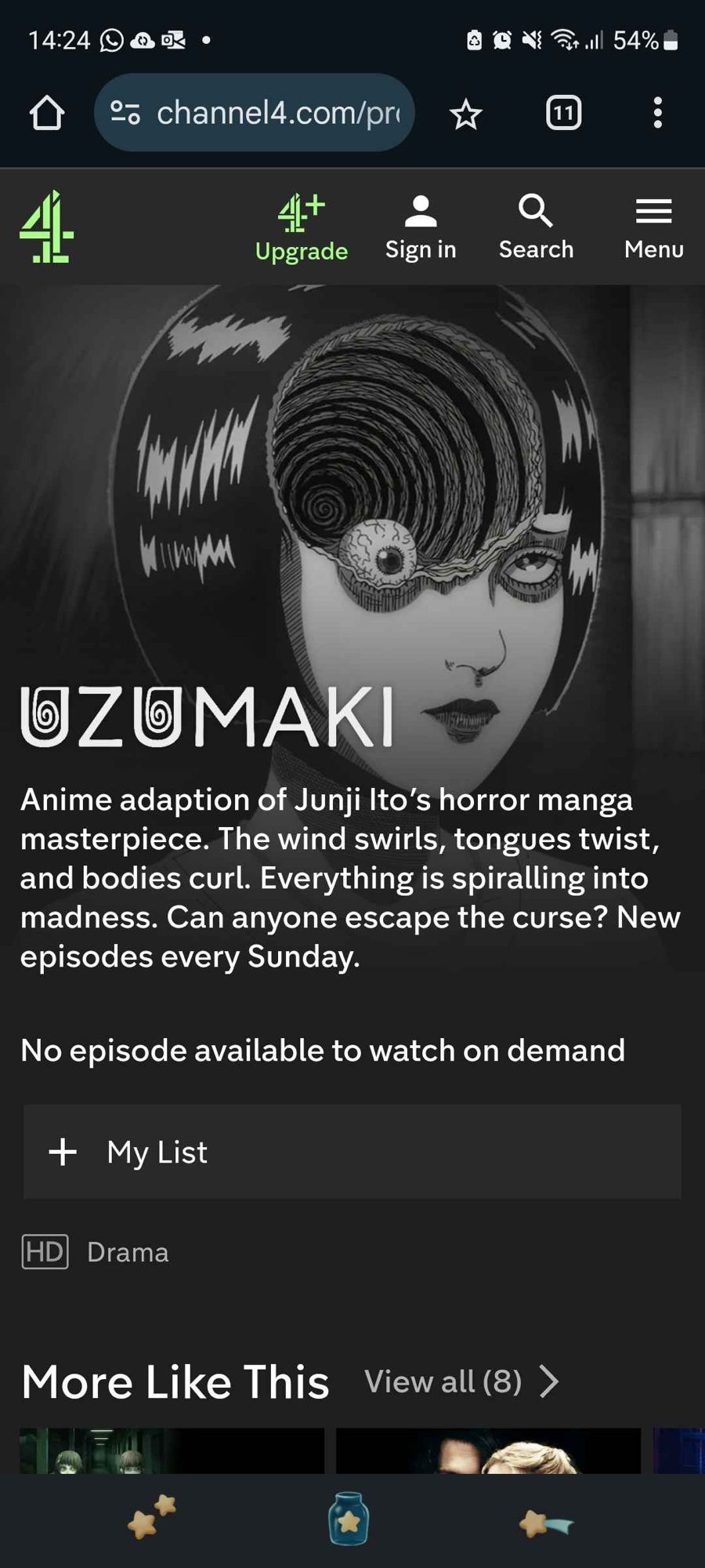 A screenshot of the Channel 4 app showing a listing for Uzumaki