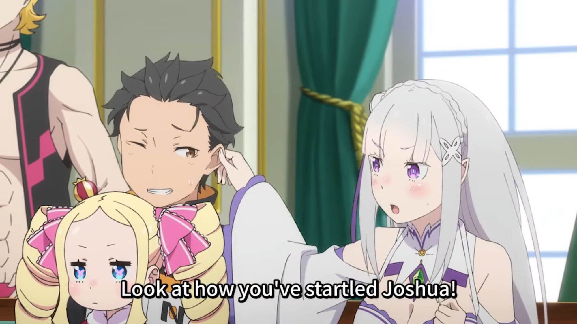 A screenshot from the anime ReZero. Emilia, a white-haired young woman, is tugging on the ear of a man Subaru, while saying Look at how you've startled Joshua