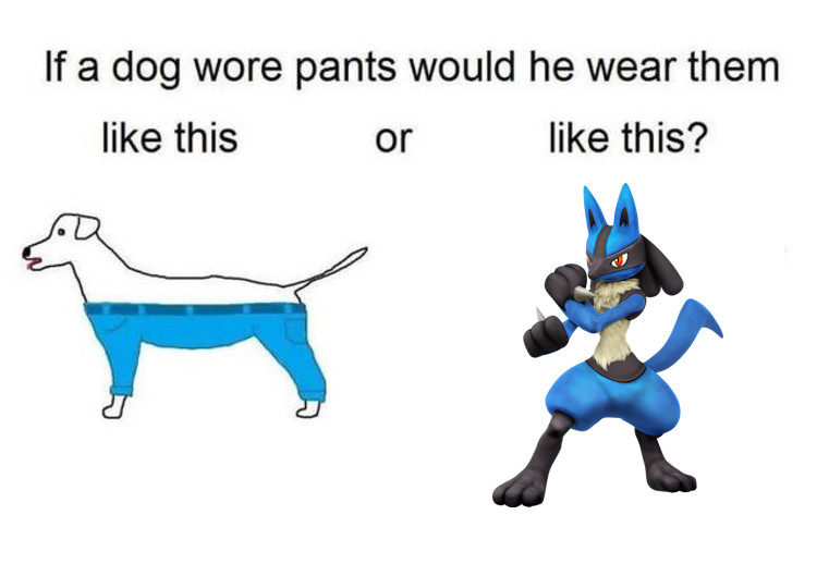 "If a dog wore pants, would he wear them like this or like this?" meme, but  one of the options is replaced by a picture of Lucario