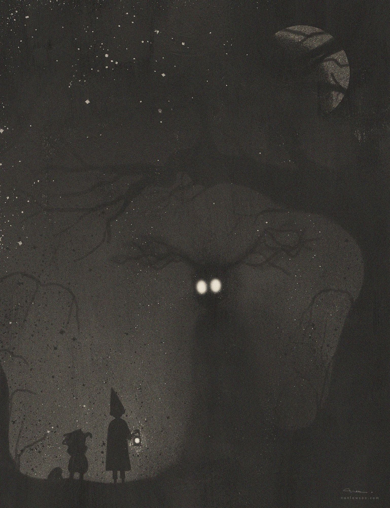 Illustration of the silhouettes of Wirt and Greg look at the shadow of The Beast