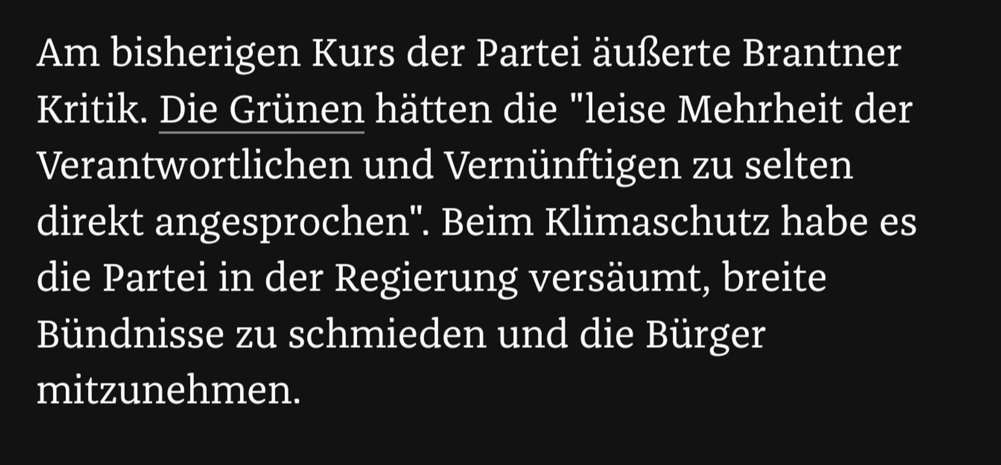 Am bisherigen Kurs der Partei äußerte Brantner Kritik. Die Grünen hätten die "leise Mehrheit der Verantwortlichen und Vernünftigen zu selten direkt angesprochen". Beim Klimaschutz habe es die Partei in der Regierung versäumt, breite Bündnisse zu schmieden und die Bürger mitzunehmen.