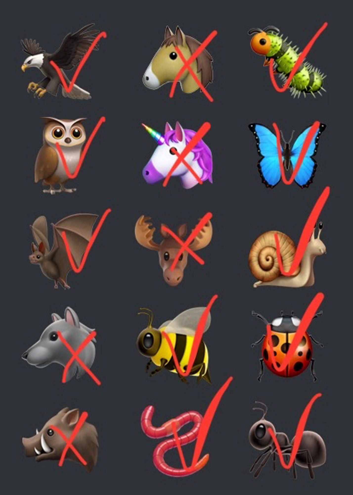 Screenshot von 15 Emojis (Adler, Eule, Fledermaus, Wolf, Wildschwein, Pferd, Einhorn, Elch, Hummel, Wurm, Raupe, Schmetterling, Schnecke, Marienkäfer, Ameise. Alle haben einen Haken, nur Wolf, Wildschwein, Pferd, Einhorn und Elch, haben ein Kreuz.