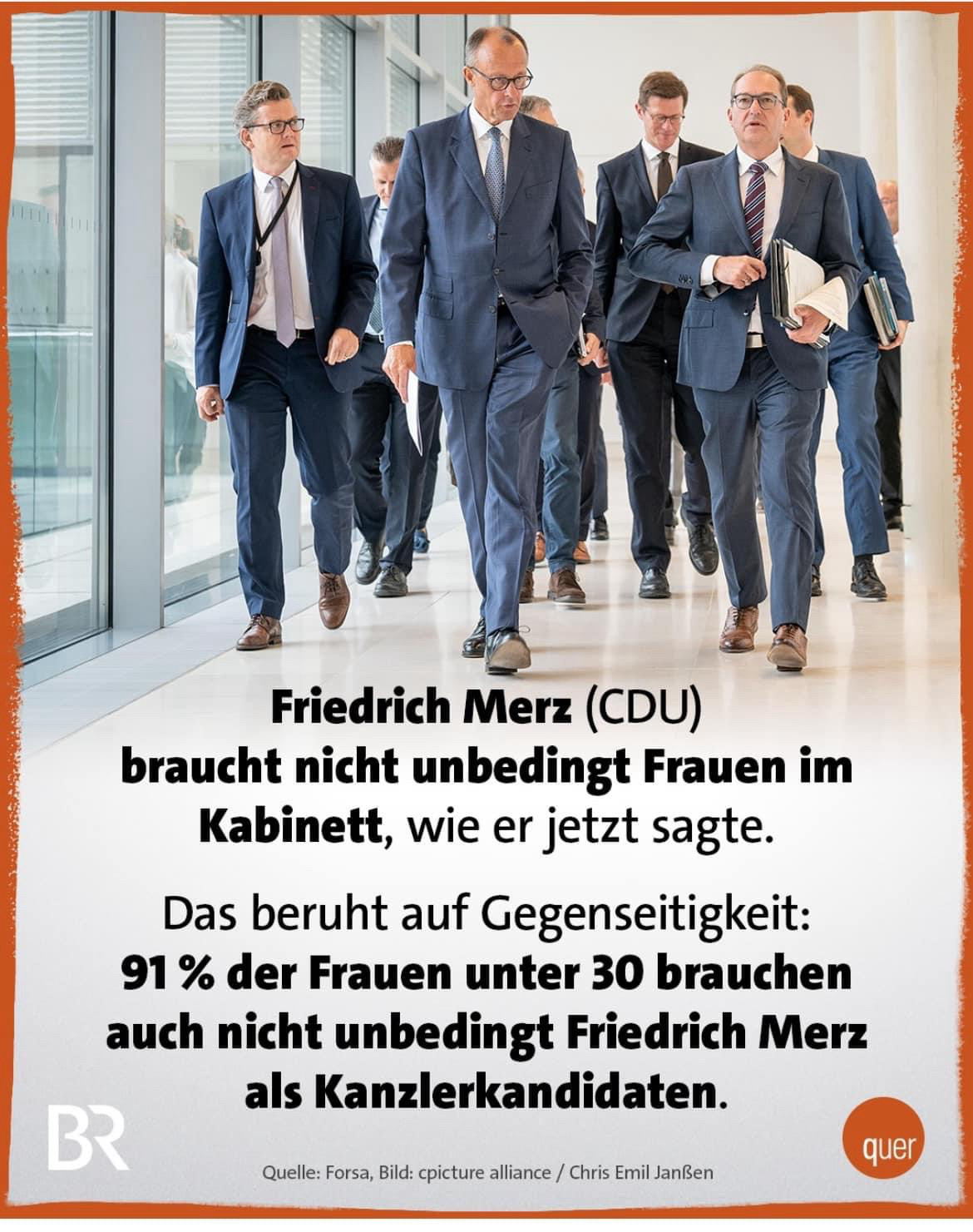 Sharepic vom Bayrischen Rundfunk, Bild von Merz mit anderen (männlichen) Steigbügelhaltern

Text: 

Friedrich Merz (CDU) braucht nicht unbedingt Frauen im Kabinett, wie er jetzt sagte.

Das beruht auf Gegenseitigkeit: 91% der Frauen unter 30 brauchen auch nicht unbedingt Friedrich Merz als Kanzlerkandidaten.

Quelle: Forsa, Bild: picture alliance / Chris Emil Janßen