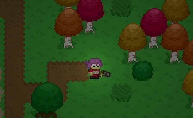 Pixel art character in a windy forest