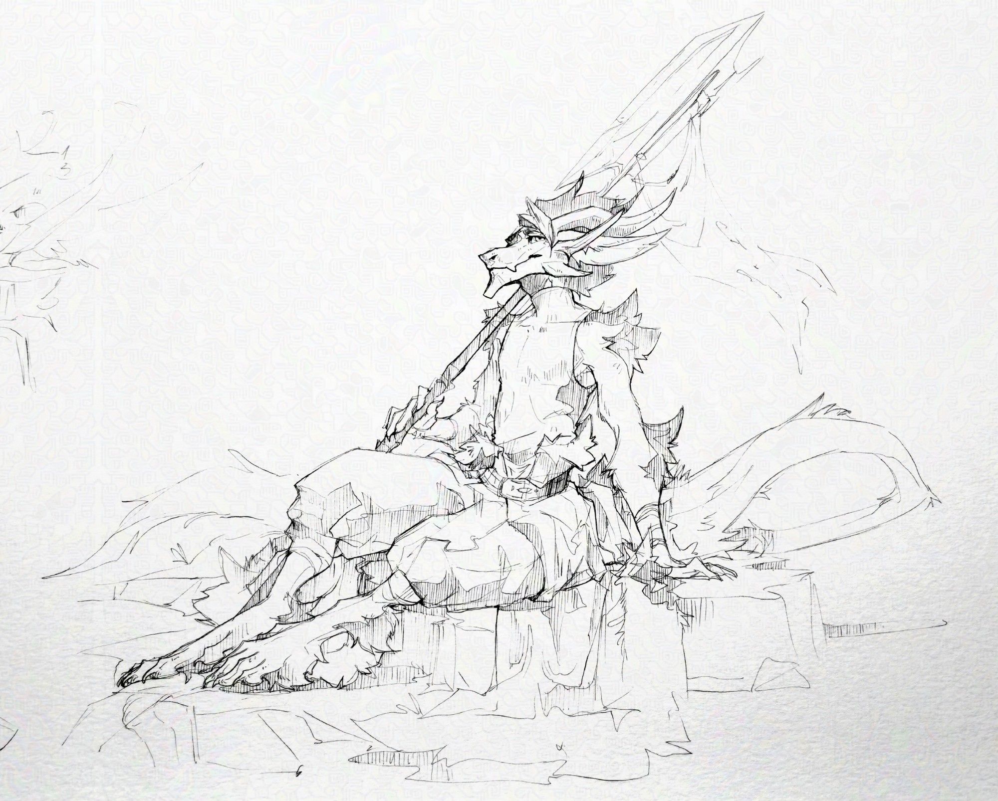 Rorik, sitting down resting while holding a spear. Fountain pen sketch on watercolor paper. 

#art #furry #furryart