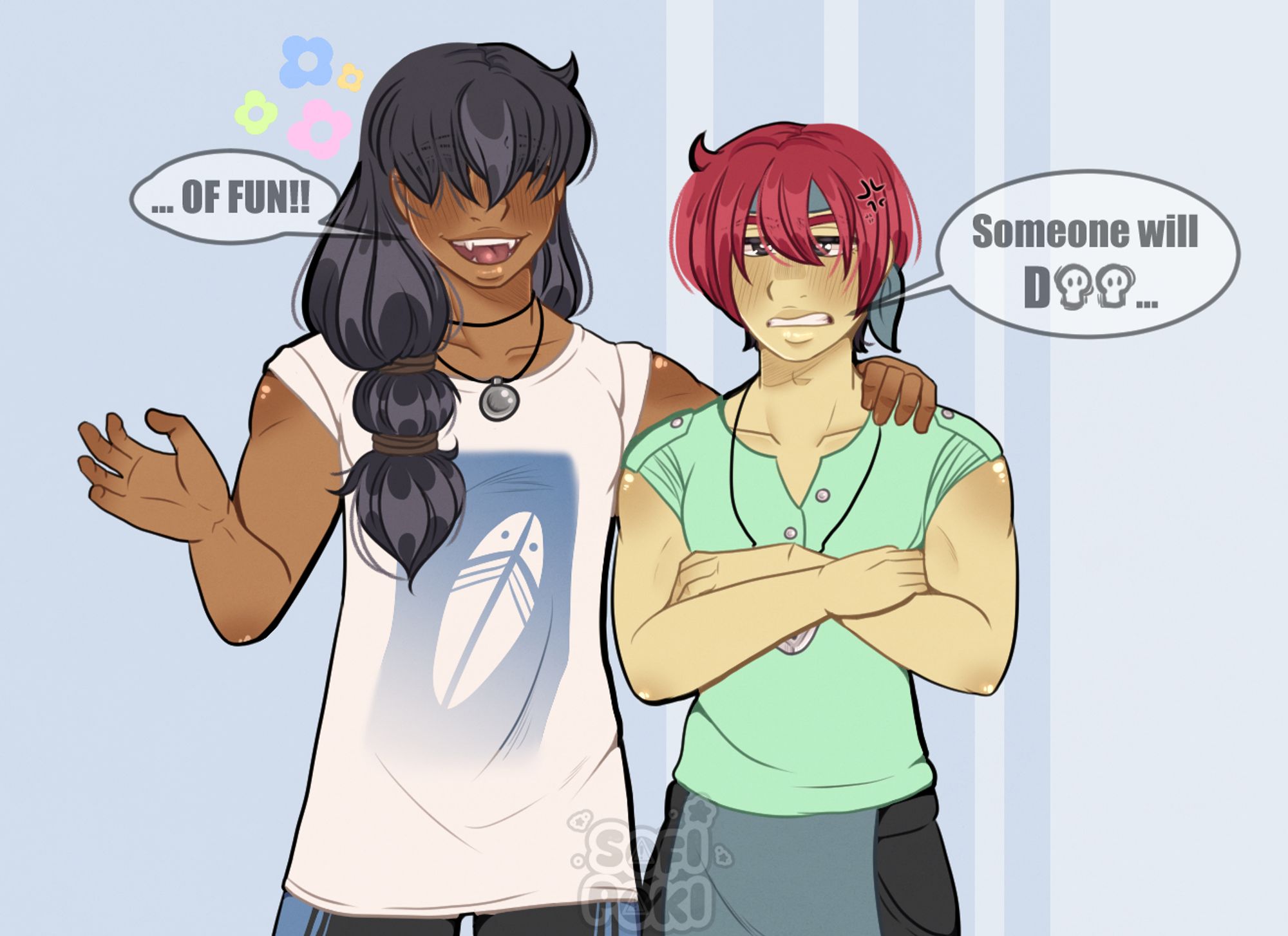 My trans male character Casey in Fields of Mistria being his happy go lucky self and March being his sassy grump self next to him. March saying " Someone will die... " and my character, Casey, saying. " ... OF FUN!! "