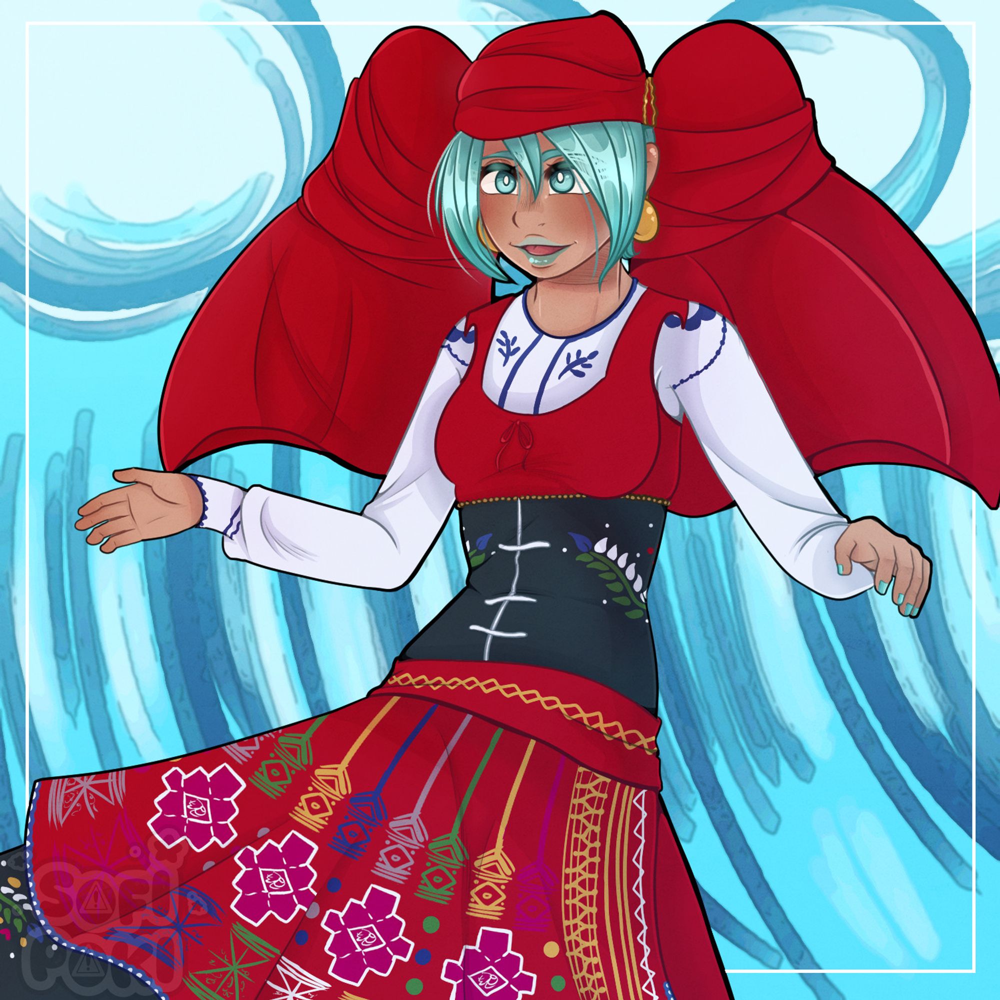 Hatsune Miku from Vocaloid dressed in one of the traditional Portuguese outfits with a painted background of waves from the sea.