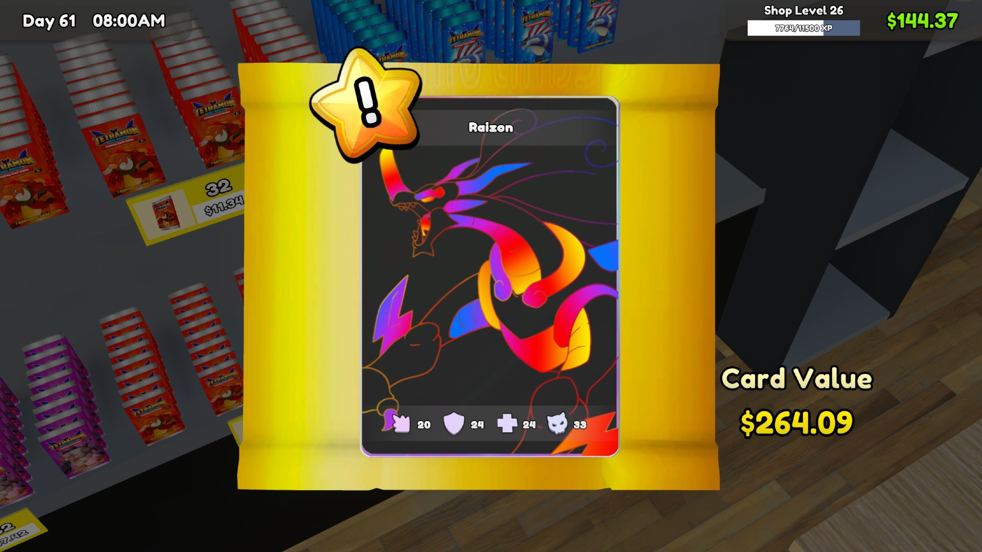 A game screenshot of a card being held in an open pack. The background is black and the Raizon creatrue is in bright red, orange yellows and blues. The card value is $264.09