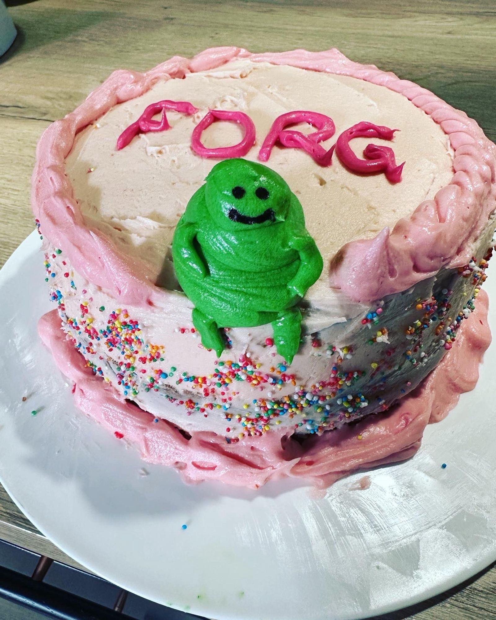 A white icing cake rimmed with pink icing and rainbow sprinkles. A smiling green frog made of icing sits on the edge of the cake. The wording of the cake is misspelled “FORG”. The cake sparks joy.