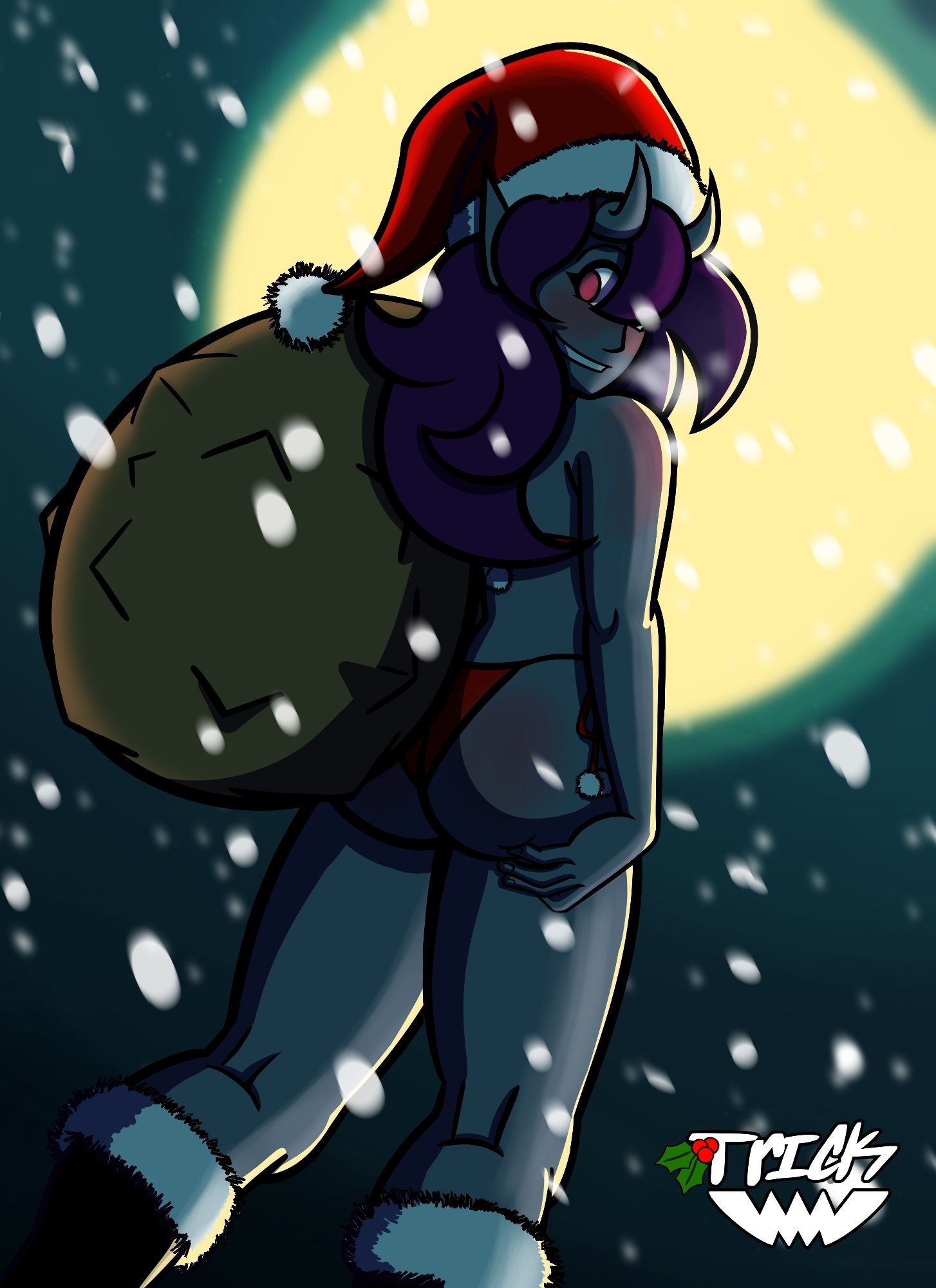 A blue demon girl in santa themed lingerie and boots carrying a bag of gifts over her shoulder in the moonlight snow. She's probably cold.