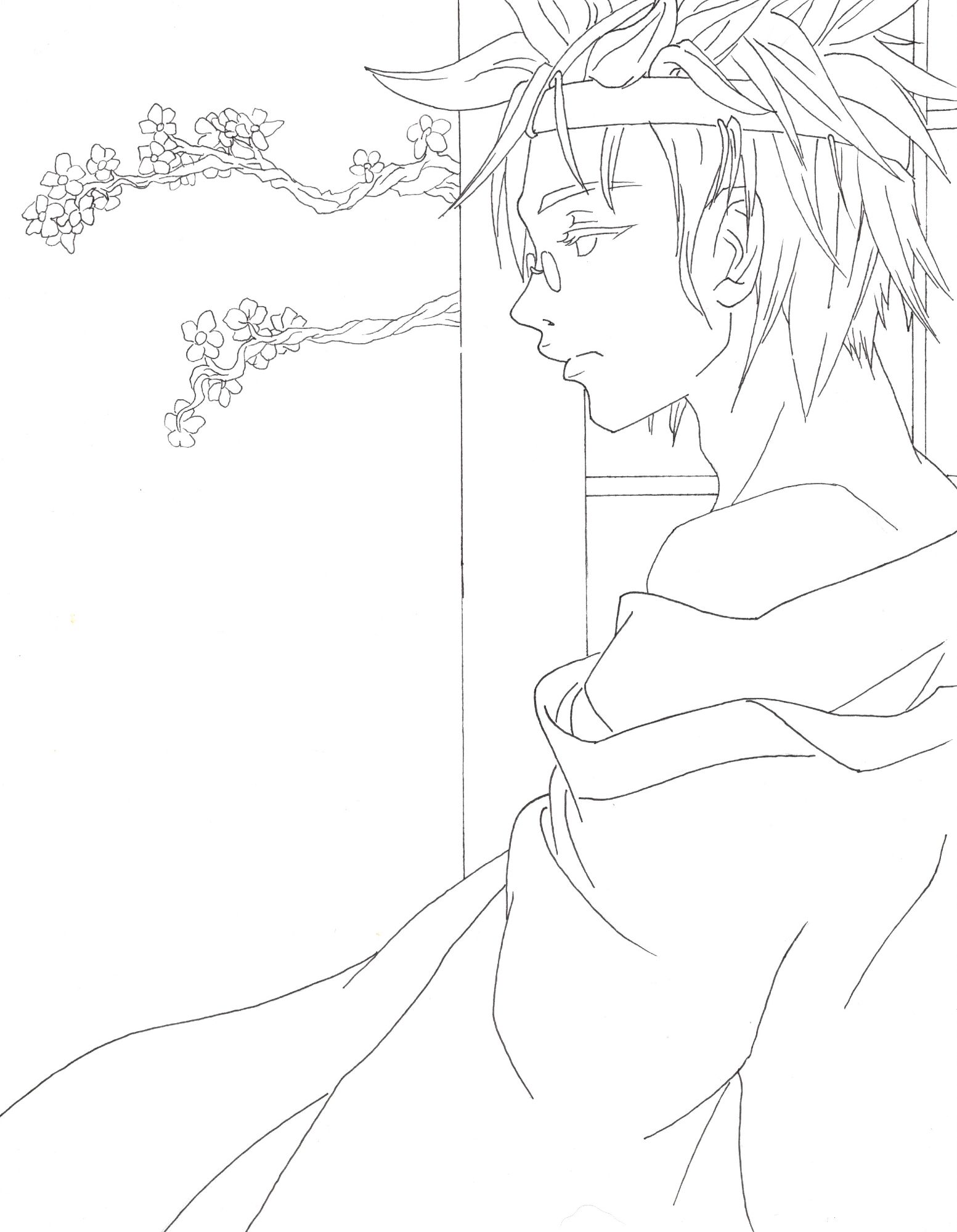 A drawing of the character Anji Mito, from the video game Guilty Gear. He is looking past a screen door, where a cherry blossom branch is growing.