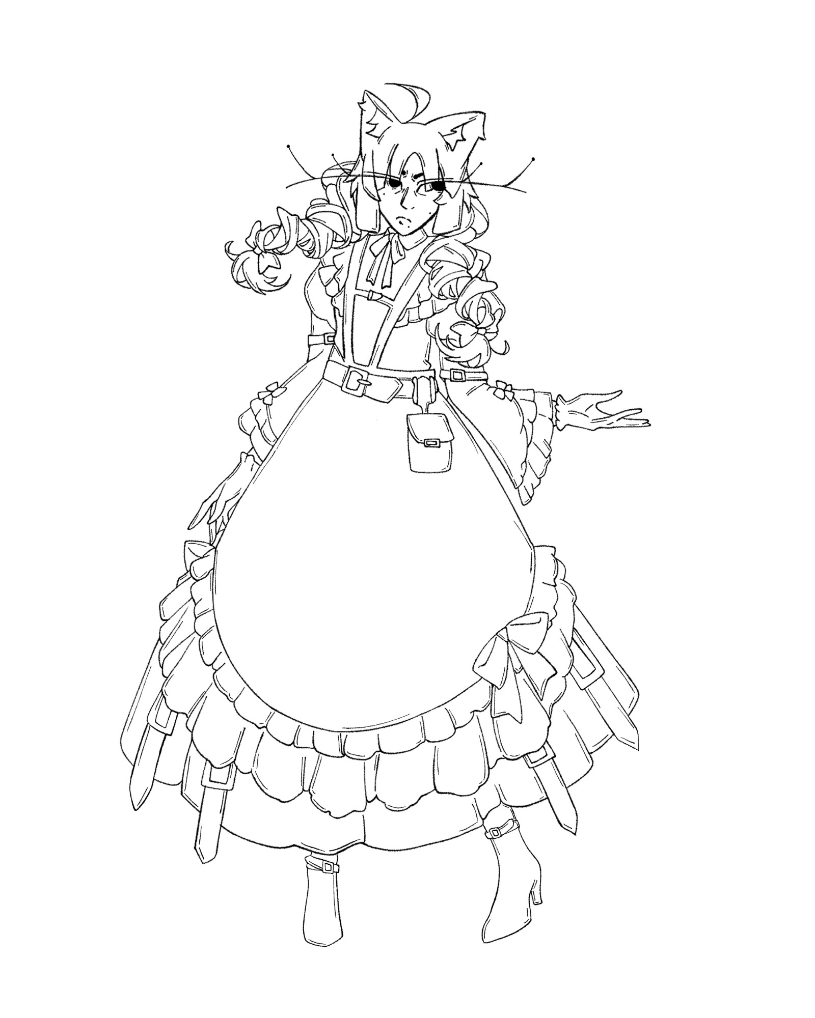 a lined fullbody of an original character dressed as a maid. her hair is done in drills, & she has long eyelashes, fox ears, & moles on her face. her dress is adorned with ruffles above her skirt & sleeves, & an apron. various straps wrap around her arms, waist, ankles, & hang from underneath her apron. she wears short heeled boots, & a small, square bag hangs from her belt. she wears gloves, & a bow at her neck.