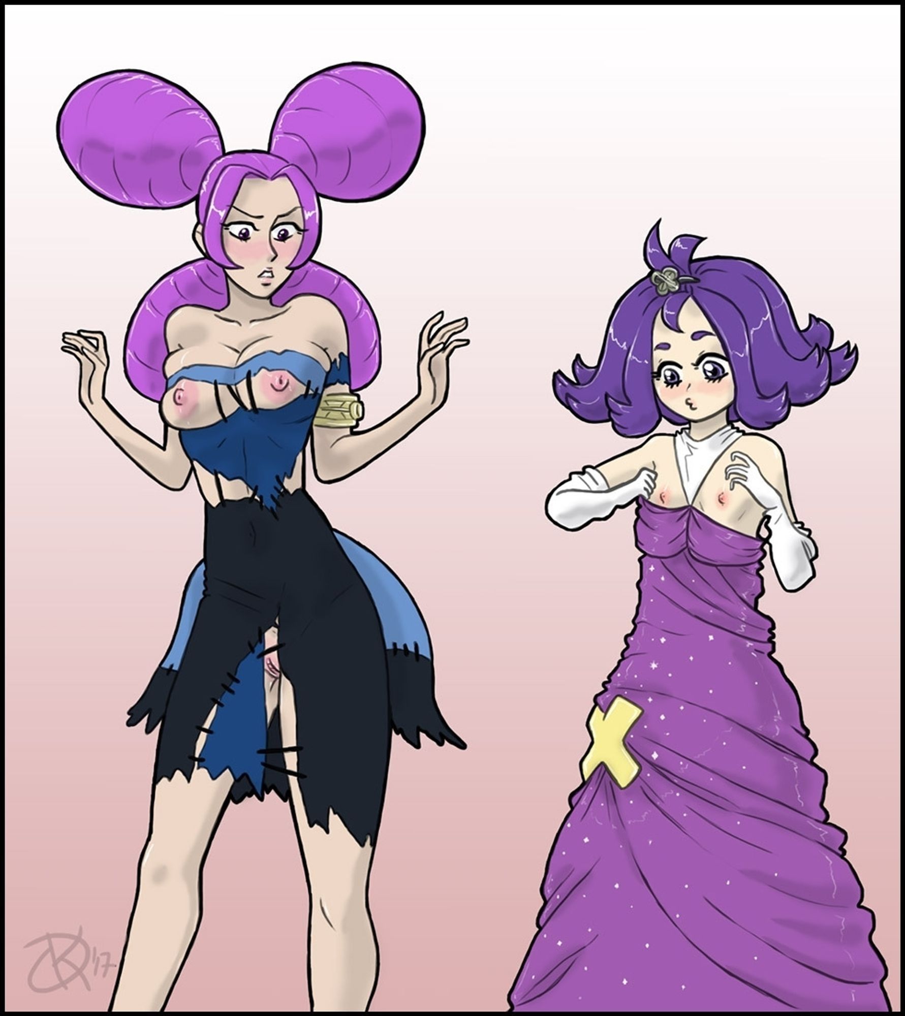 A digital drawing of Fantina and Acerola from the Pokémon franchise wearing each other's signature outfits.