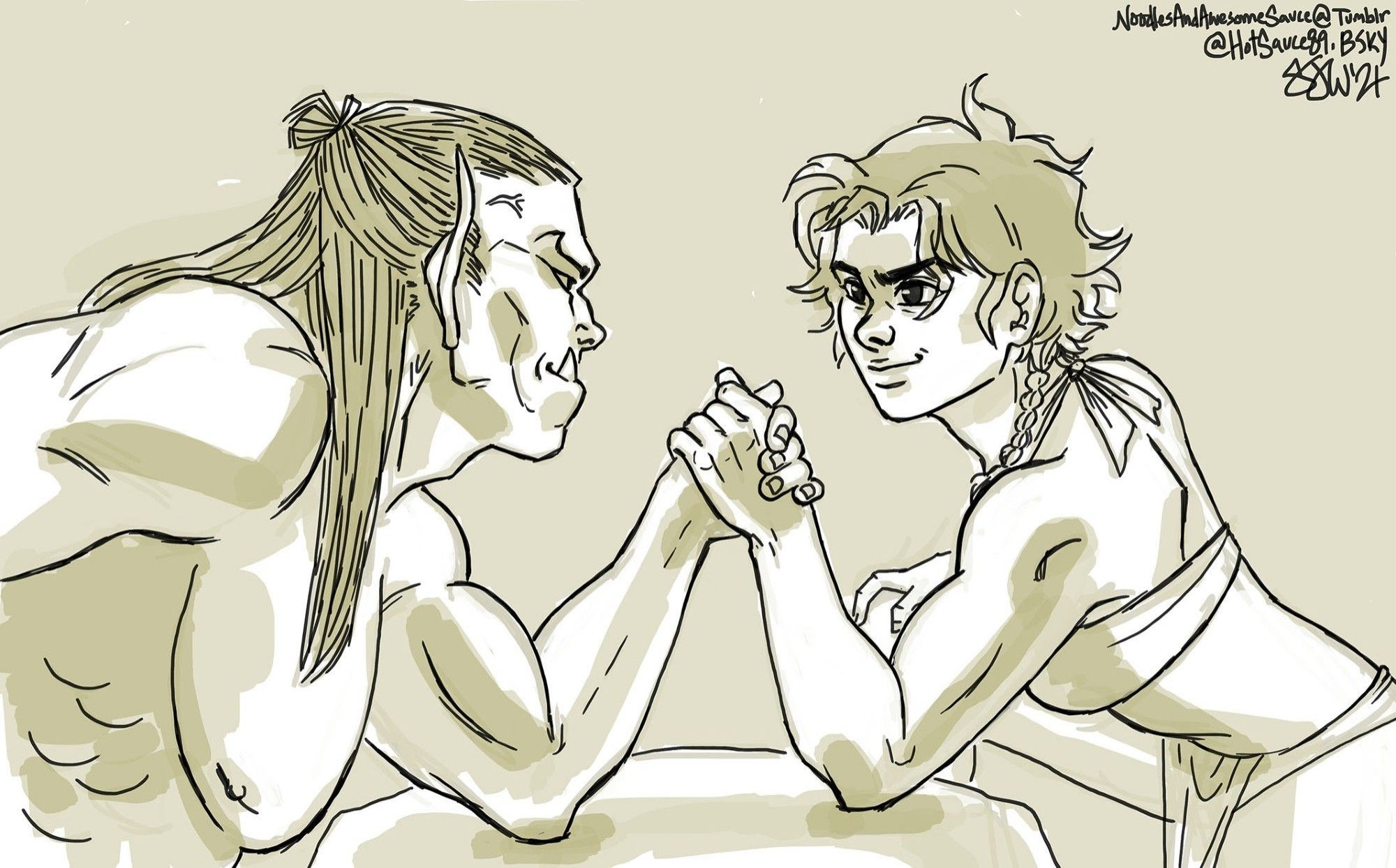 a rough sketch of my original character, Ursa, arm wrestling an orc.