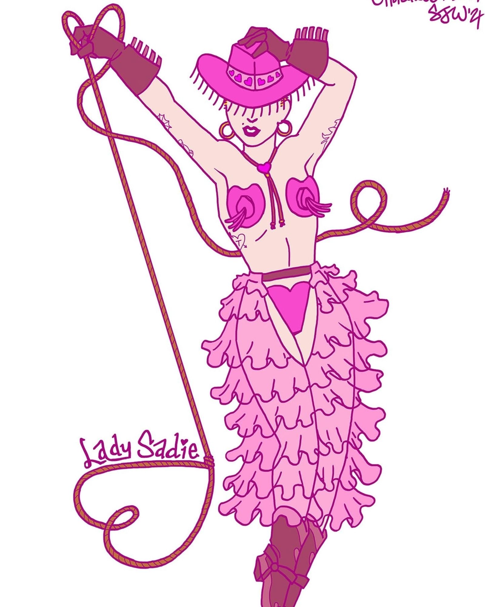 a digital pinup of a femme all in frilly pink cowgirl aesthetic. she is looping a lasso into the shape of a heart. The words "Lady Sadie" sit on the edge of the lasso.