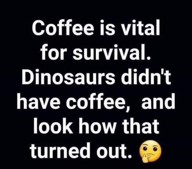 Coffee is vital for survival. Dinosaurs don’t have coffee, and look how that turned out. 