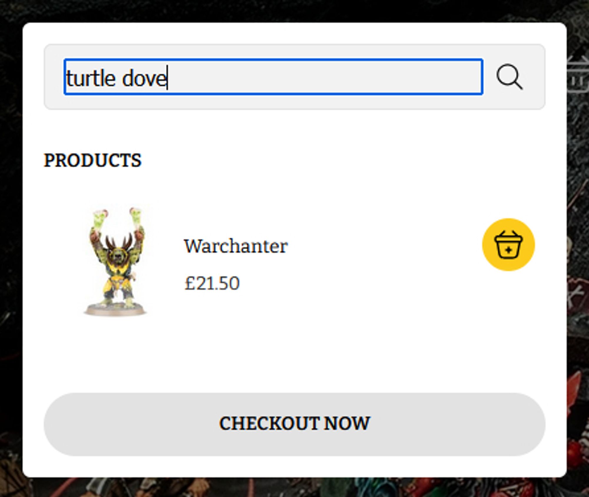 Screenshot from the Warhammer website. Having searched for "turtle dove", the only hit is an Orruk Warchanter. For some reason.