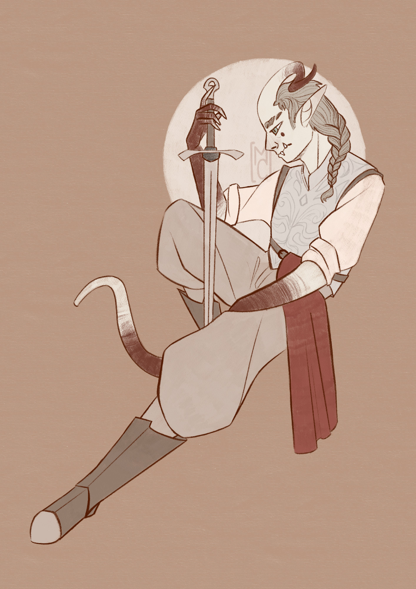 A greyish tiefling sitting and looking quietly at his sword