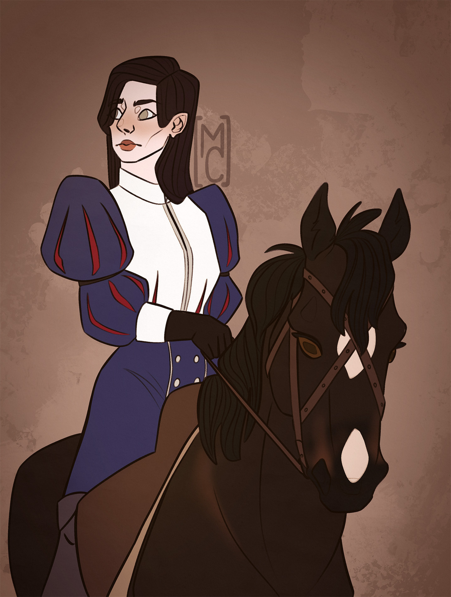 a black haired woman riding a horse. The setting is medieval !